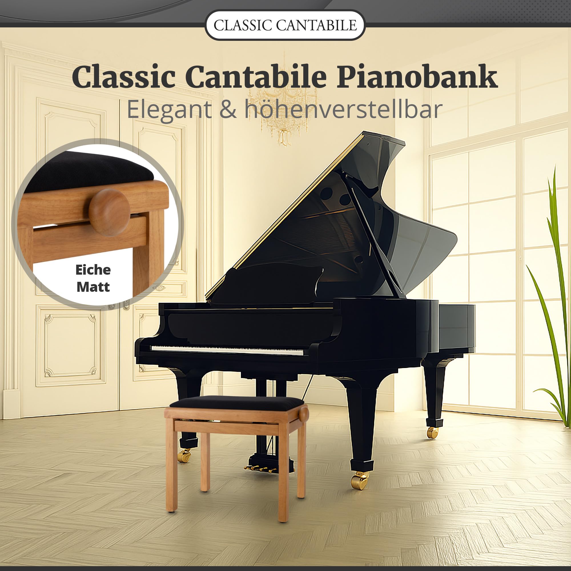 Classic Cantabile Pianobank Eiche-matt (Höhenverstellbar von 47-56cm, Spindelmechanik, Sitzfläche 55 x 32cm, schwarzer Velourbezug, stabil)