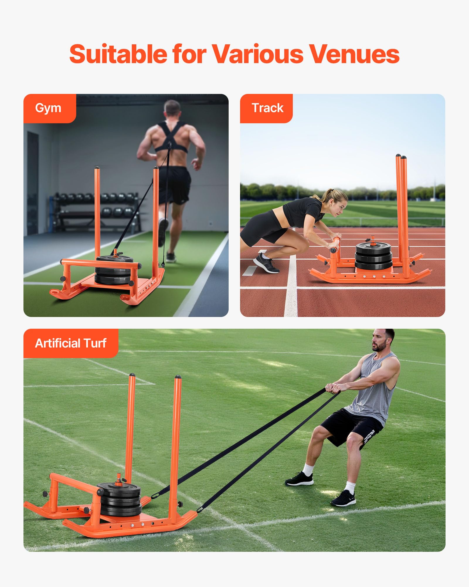 VEVOR Gewichtsschlitten Kraftschlitten Krafttrainingsschlitten zur Verbesserung der Geschwindigkeit bei sportlichen Übungen, Fitnessgerät mit Griff, Kompatibel mit 25/51 mm Gewichtsscheiben, Orange