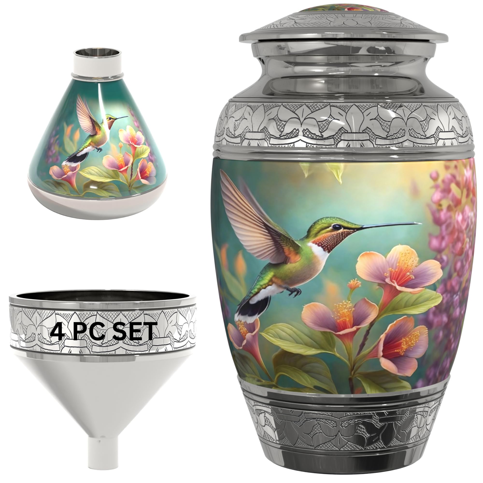 Large Hummingbird Cremation Urn (4-Piece Set) for Human Ashes with Funnel and Matching Handcrafted Vase (Women, Adult Female) (JDL-Hummingbird-Large)