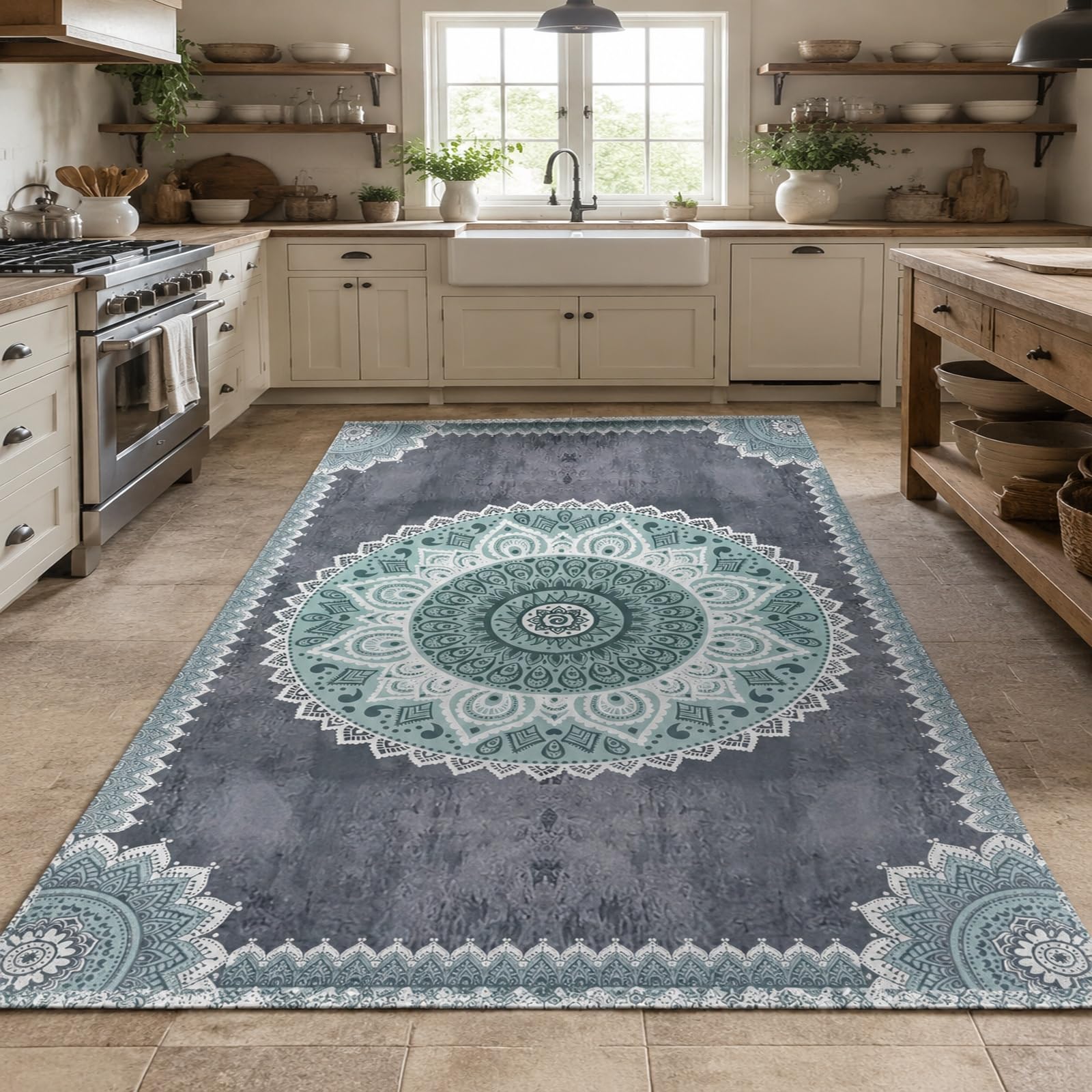 Teppich Wohnzimmer, 180 x 240 cm, Orientalisches Grau, Weiß, Grün, Teppiche Waschbar Anti-Rutsch Schlafzimmer Teppiche Matte,
