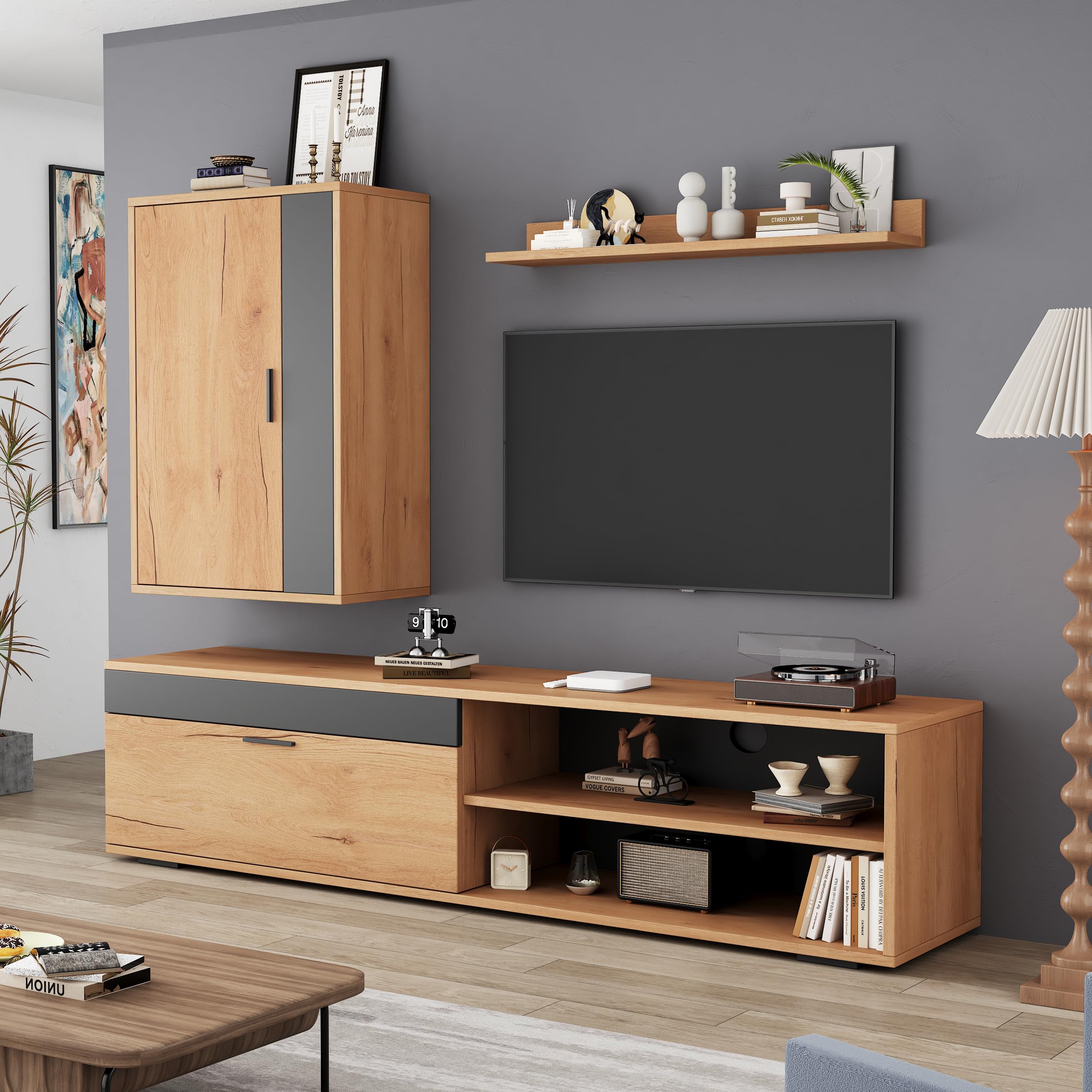 BTM 140 * 35 * 39cm TV Wohnwand-Set (Komplett-Set, 3-St),Mediawand inkl, Standregal und Wandregal,modernes TV-Schrank,stehend und hängend,Holzfarbe + Schwarz