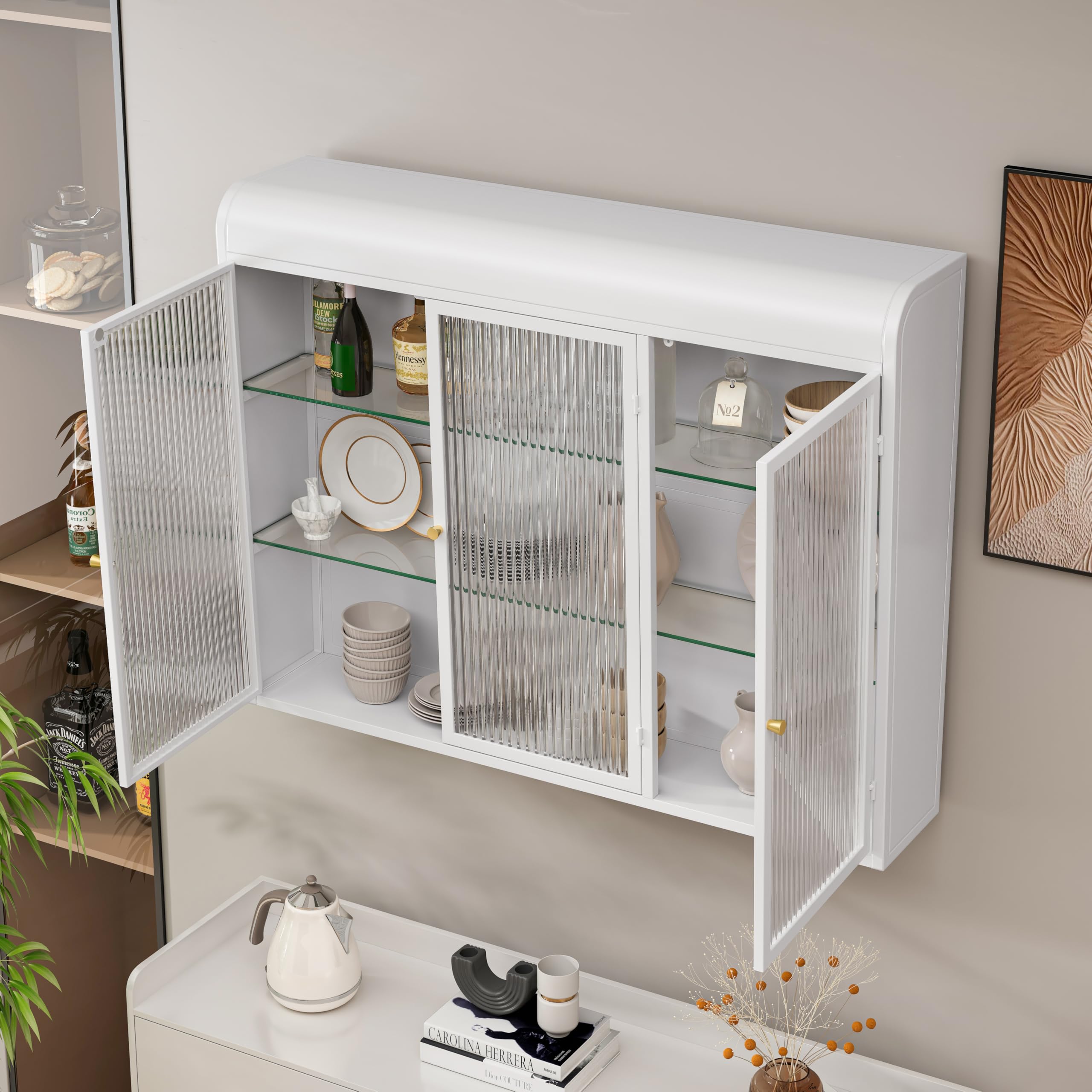 Cabinet in vetro a 3 porte, con montaggio a parete, per la casa e il bagno (bianco)
