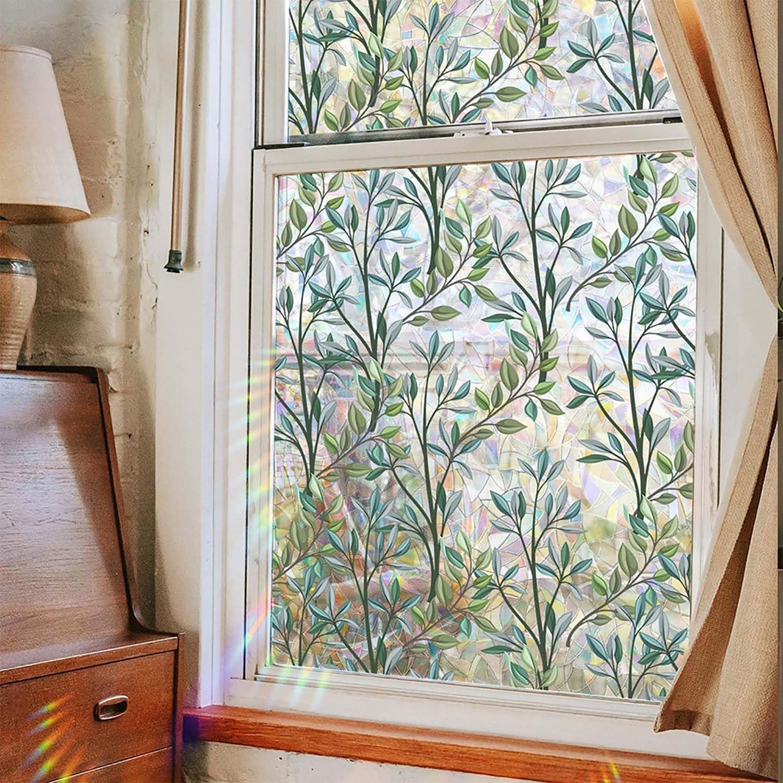 Rainbow Window Film 65 x 260 cm Blocks UV Static Cling No Glue Removable Heat Cotrol, Privacy Protection, Windows Static Clings, Window Sticker Cover for Kitchen, Leaves