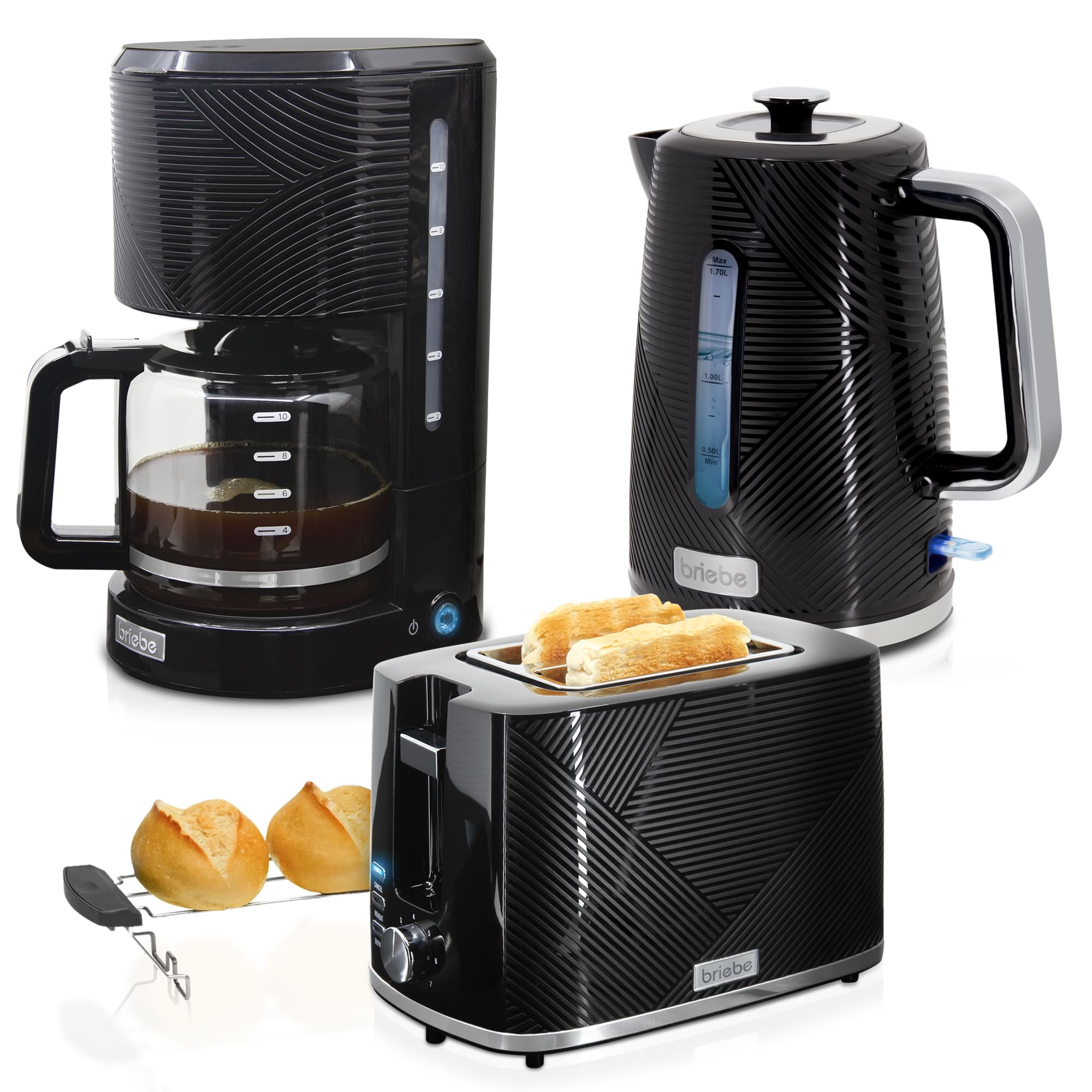 briebe Elegance Ensemble Grille Pain 2 Fentes Tranches Larges + Bouilloire Électrique 1,7 L, 2200W, sans BPA + Cafetière Filtre 10 Tasses, Pack Petit Déjeuner Électroménager, Design Moderne, Noir
