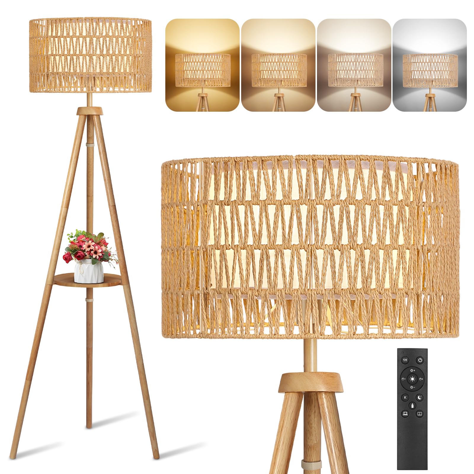 OUTON Solid Wooden Tripod Floor Lamp with Rattan & Linen Double Shades, Standing Lamp with Remote Control, Dimmable & 4 Color Temperatures, Boho Floor Lamp with Shelves for Living Room, Bedroom