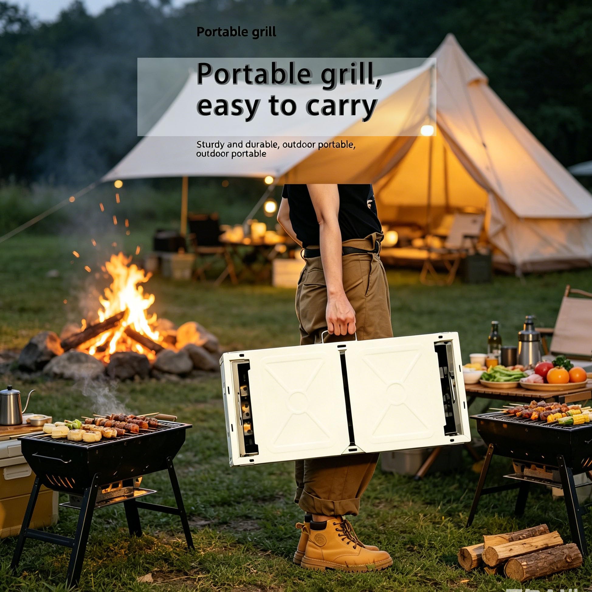 Grill BBQ 2 w 1, składany przenośny grill węglowy z wiatroodporną konstrukcją i tacami do przechowywania na kemping na świeżym powietrzu i do ogrodu