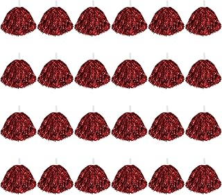 CUGBO 24Pcs Cheerleading Pom Poms, 1 Dozen Handle Metallic Foil Flower Ribbons Cheerleader Pompoms, Kids Children Ball Dan...