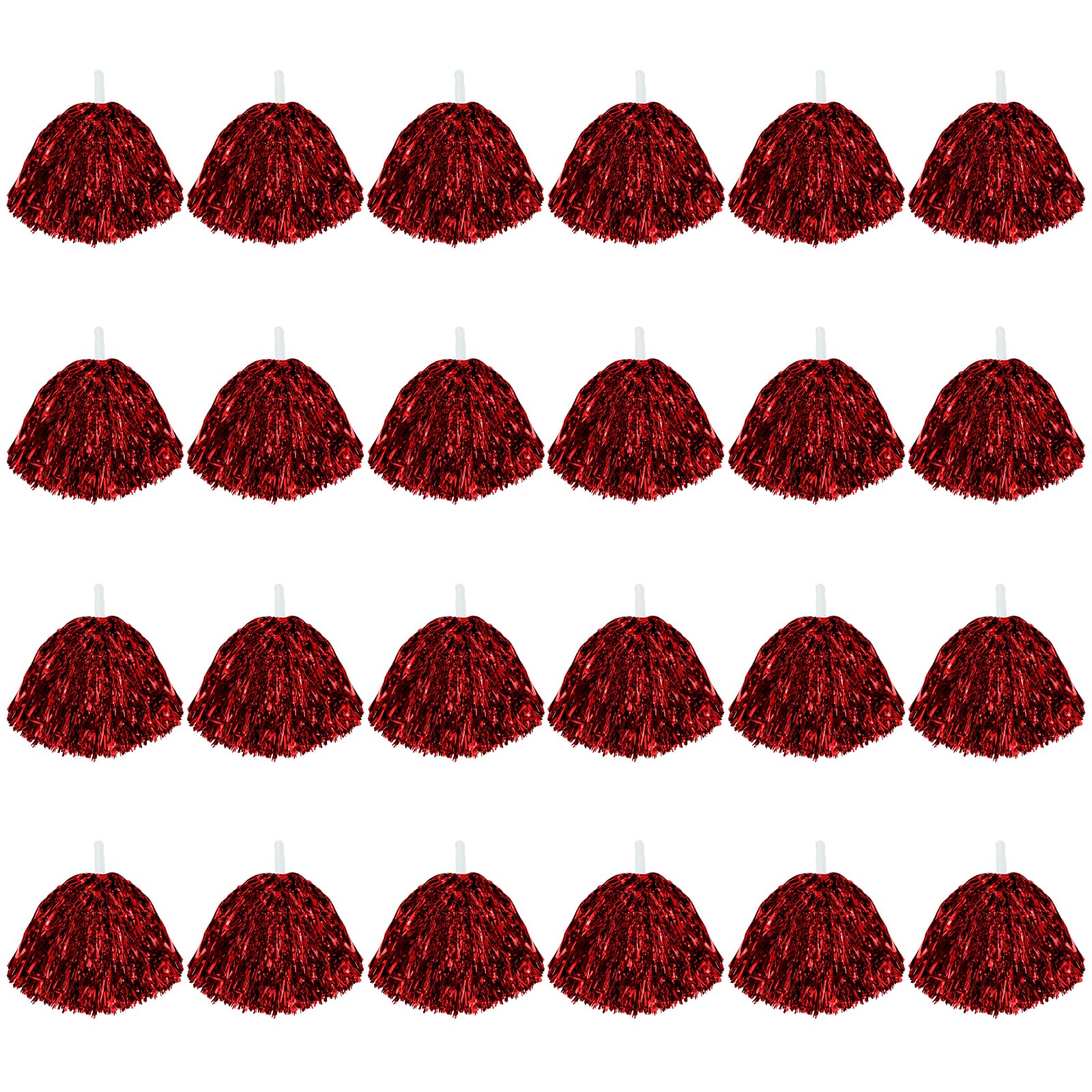 24Pcs Cheerleading Pom Poms, 1 Dozen Handle Metallic Foil Flower Ribbons Cheerleader Pompoms, Kids Children Ball Dance Sports Coaches Game Party Fancy (Red)