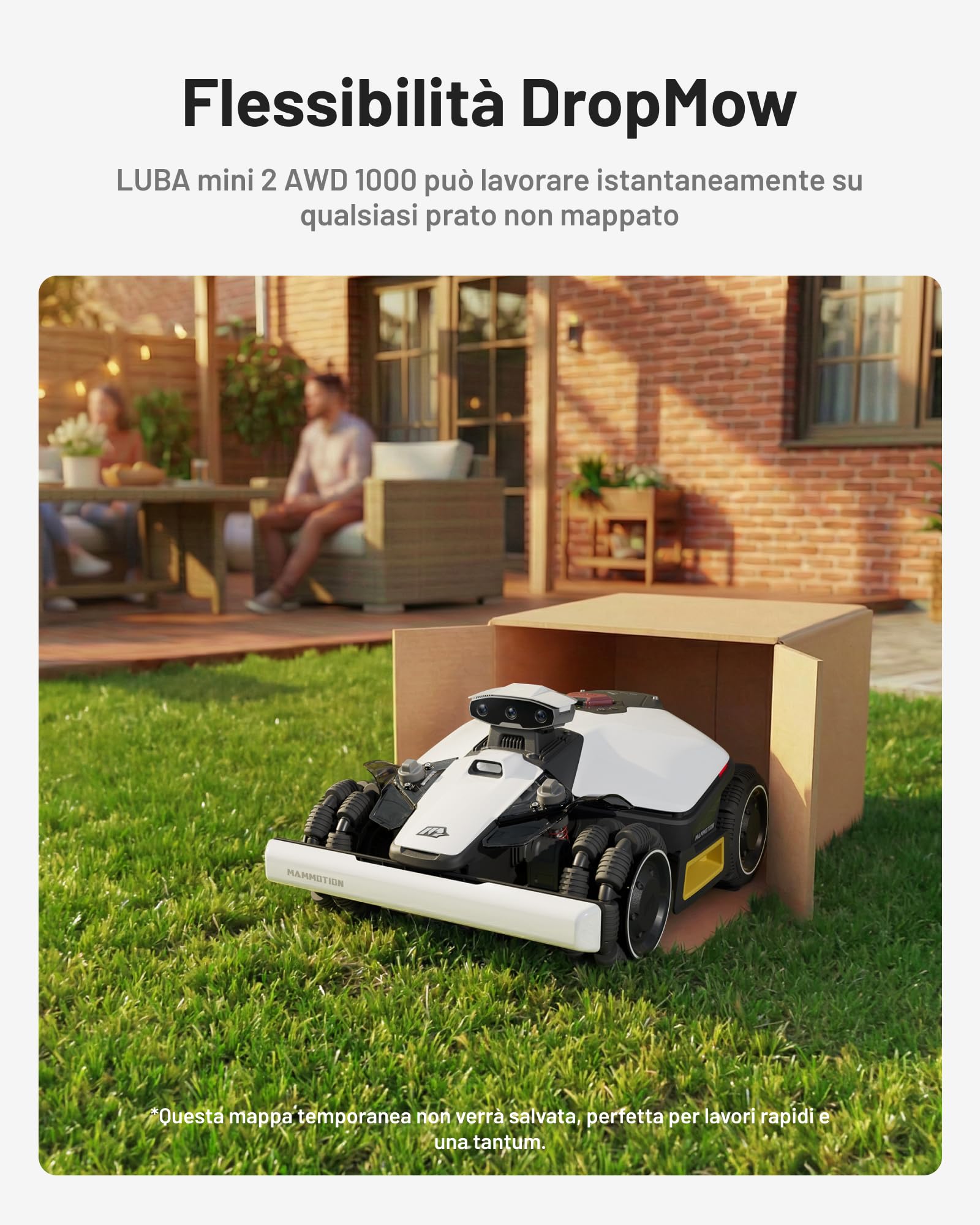 MAMMOTION LUBA mini 2 AWD 1000 Robot Tagliaerba con Garage Standard per 1000m², Visione AI Tri-Camera e Posizionamento NetRTK, Mappatura Automatica, DropMow, Pendenza 80%