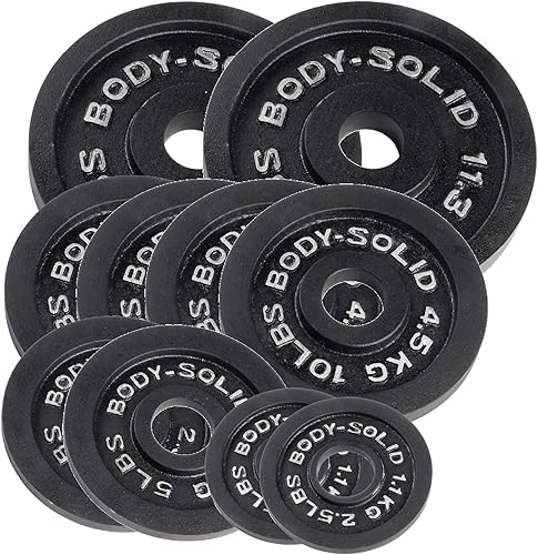 Body-Solid Cast Iron Olympic Weight Plate Set with Bar - Free Weights, Dumbbell Plates, 2 Inch Standard Hole for All Barbell Types, Weight Sets,