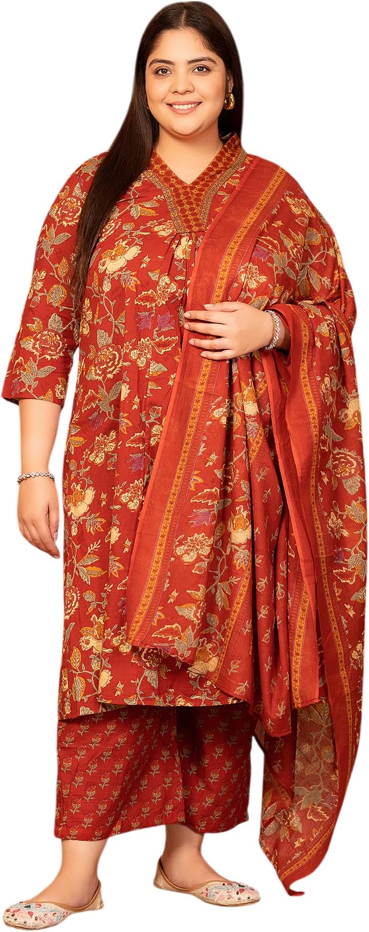 MEERA FAB Women's Cotton Blend V-Neck Plus Size Kurta Printed Kurta with Palazzo & Dupatta Set