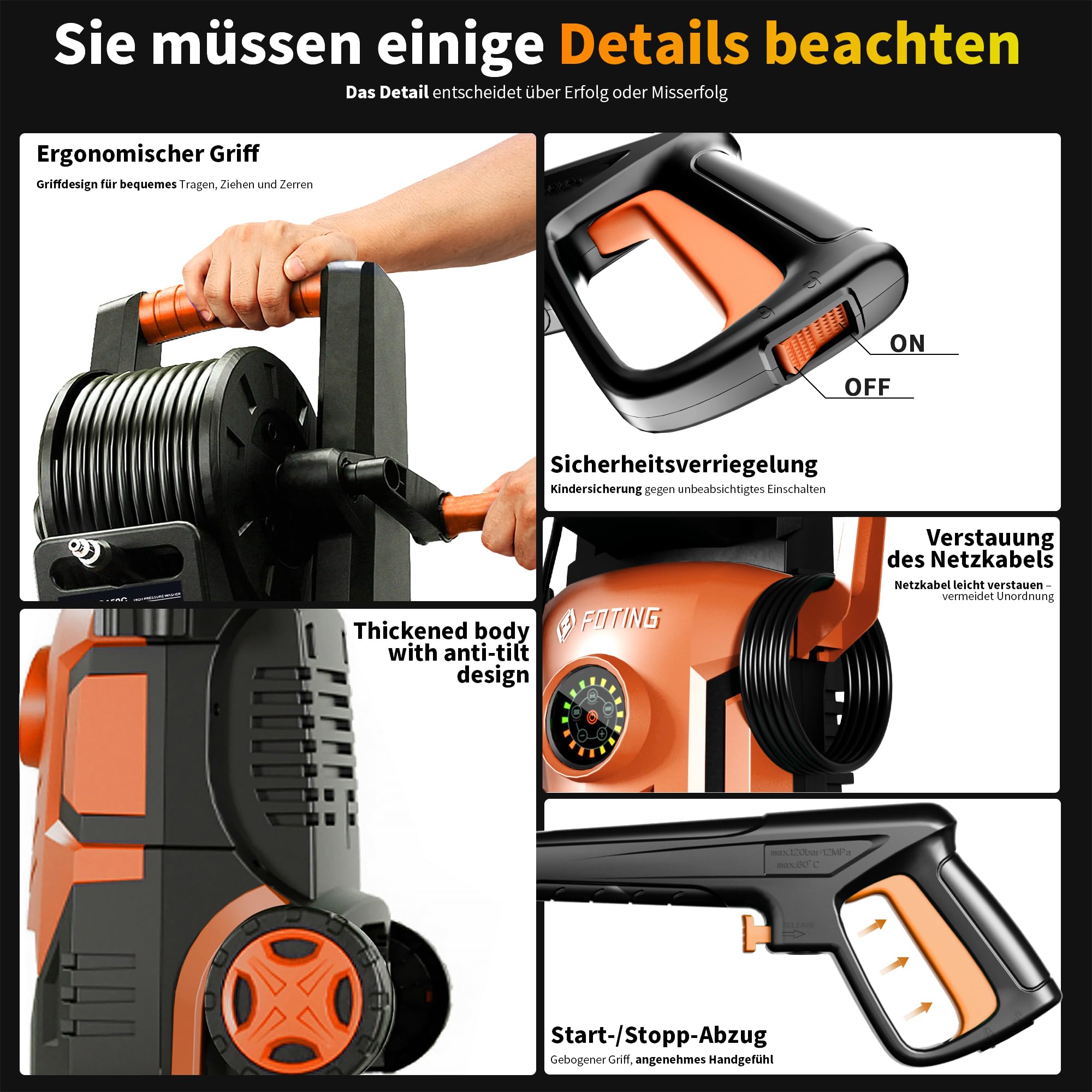 2026New Hochdruckreiniger Touchscreen 8-stufiger 200 Bar, 6-in-1-Düse, 90cm Gerätehöhe, Einstellbarer Druck 100-200bar, Fördermenge 280-500l/h, Flächenleistung 60m²/h, mit Schaumkanone Schlauchtrommel