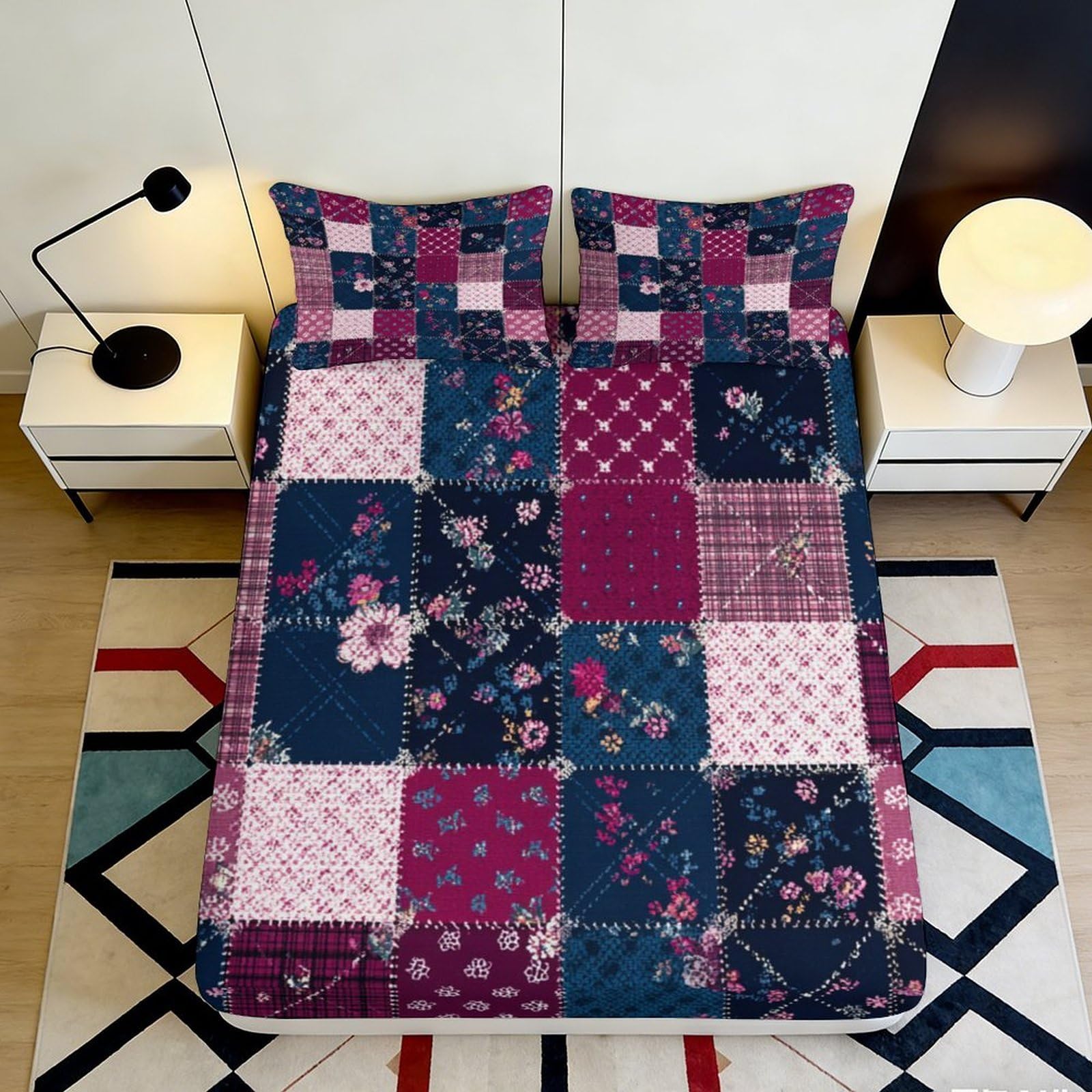 3D Printed Patchwork Floral Fitted Sheet Microfiber Anti-slip Bed Cover for Bedroom Guest Room Mattress Decor 180x200x25cm
