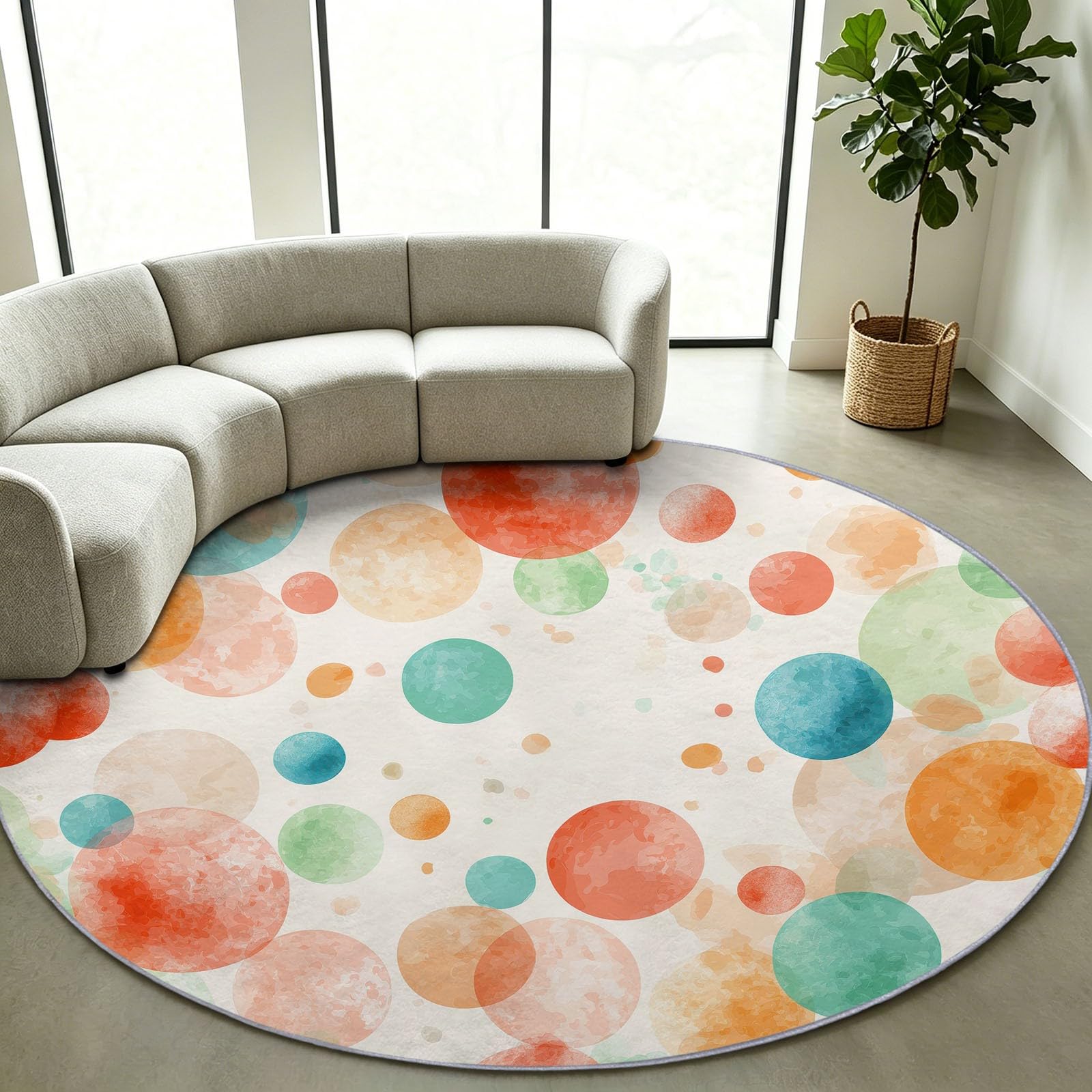 Tappeto rotondo beige 90 cm, lavabile in lavatrice, retro antiscivolo e pelo basso, non perde peli, tappeto a pois per soggiorno, camera da letto, cucina, ingresso, ufficio, dormitorio