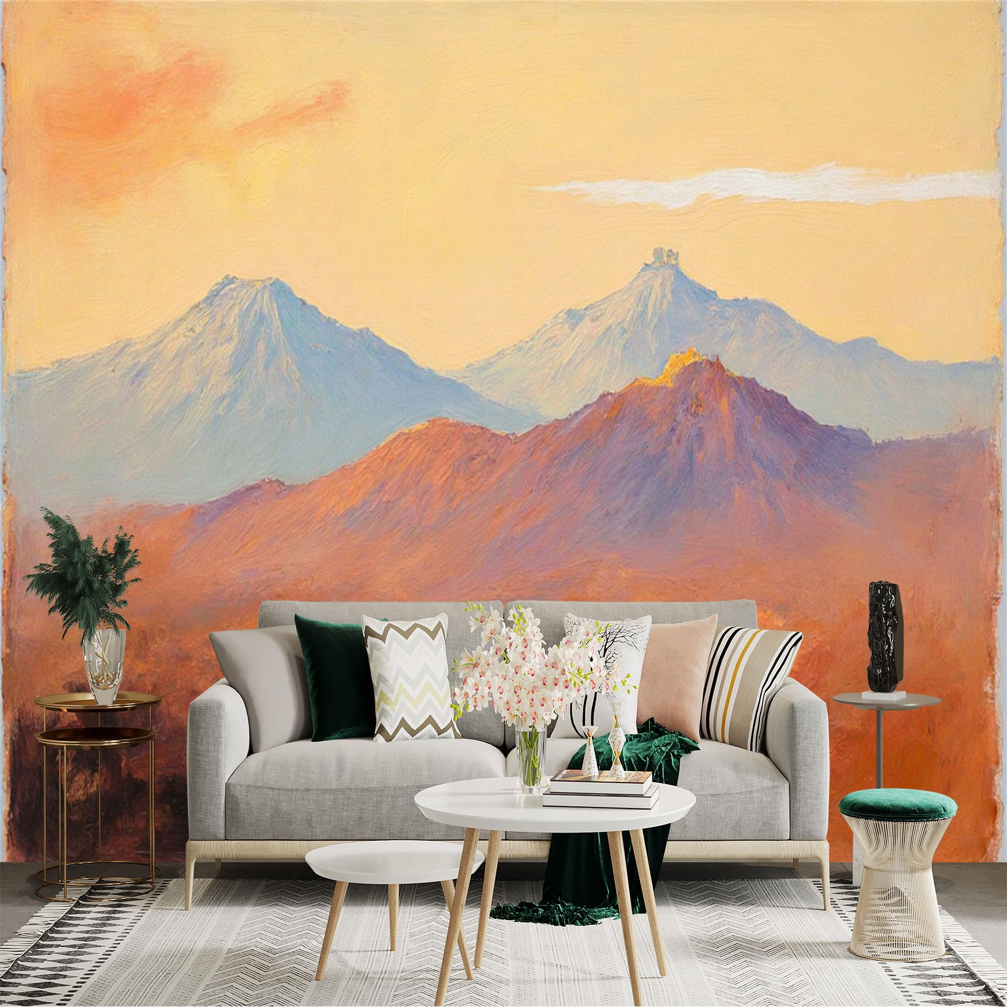 Lnzczhyre Xc260505799 Custom Size Wall Sticker Mural， Impressionist Mountain Landscape， Golden Sunset Glow， Serene Natural Scenery， Artistic Oil Painting Style， For Wall Decoration， Peelandstick Wall Decals.