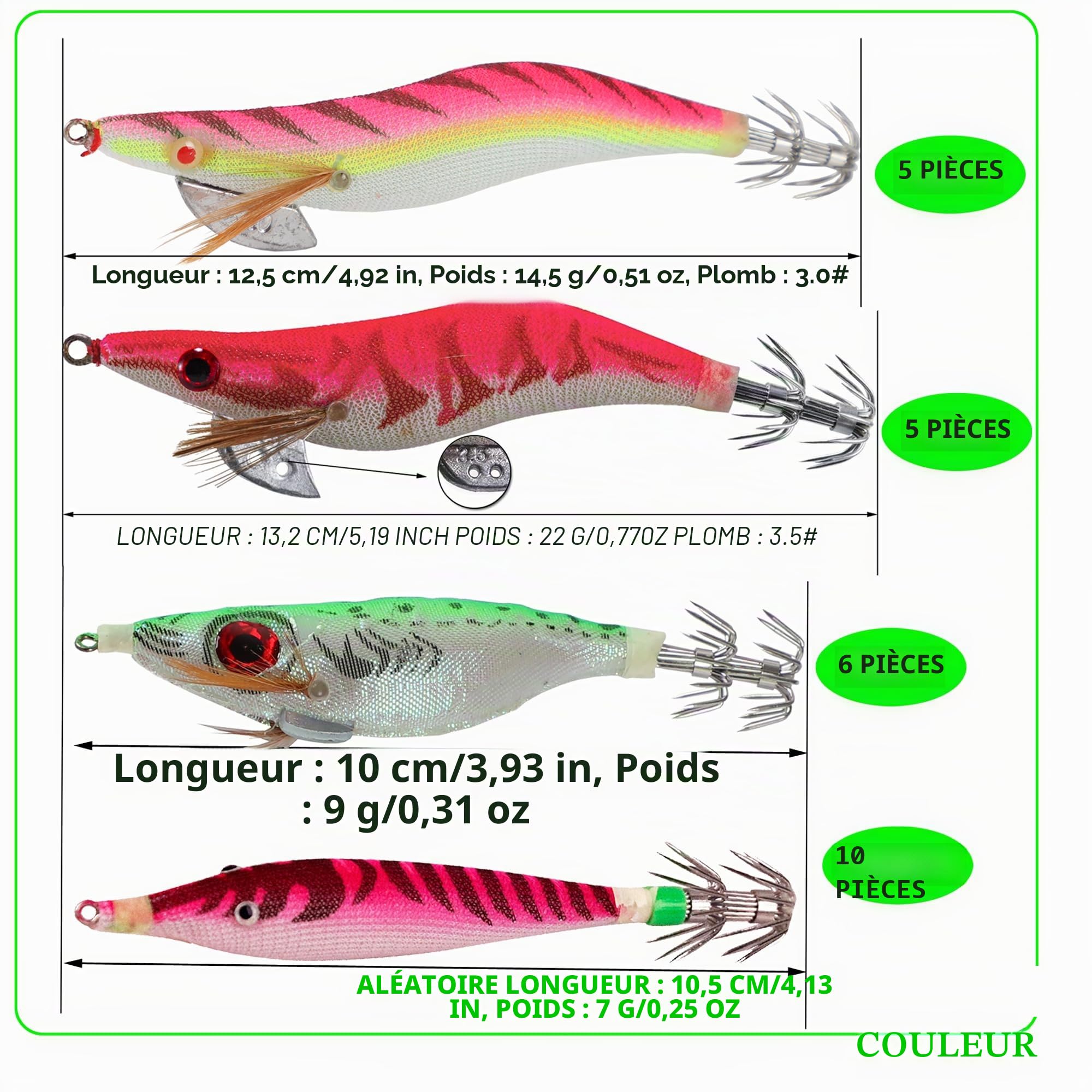 Appâts de pêche Turluttes Leurres Appâts Crochets pour Calmars Poulpes Appâts Lumineux Calmar Leurres Crevettes