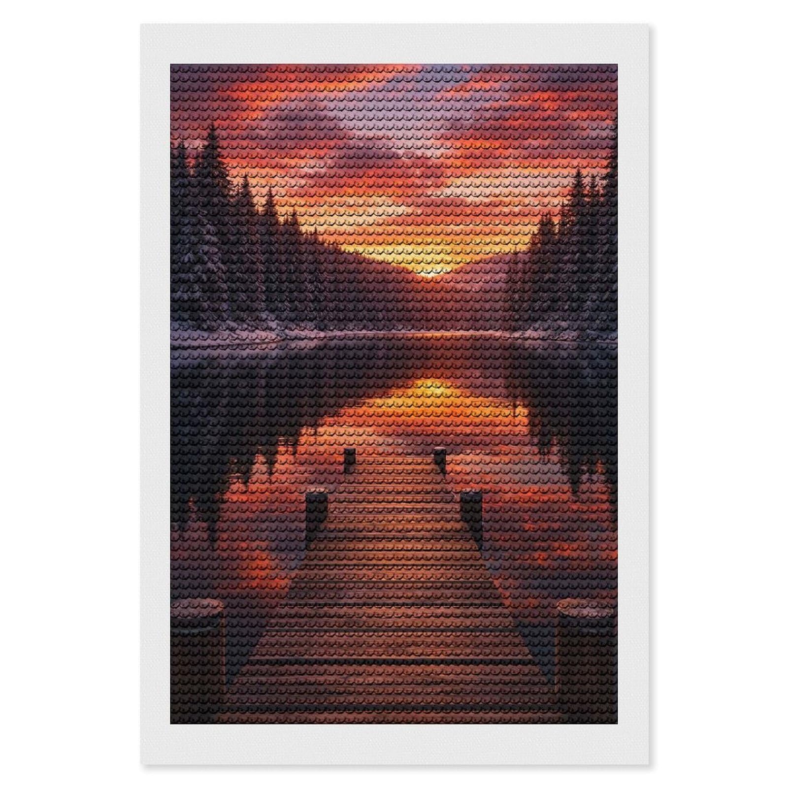 Junmoney Winter Lake Sunset Dock View Crystal Diamond Art Kit 8"x12", Round Gems, Detailed Printed Canvas, Creative Gift Idea, Vintage Style Decor