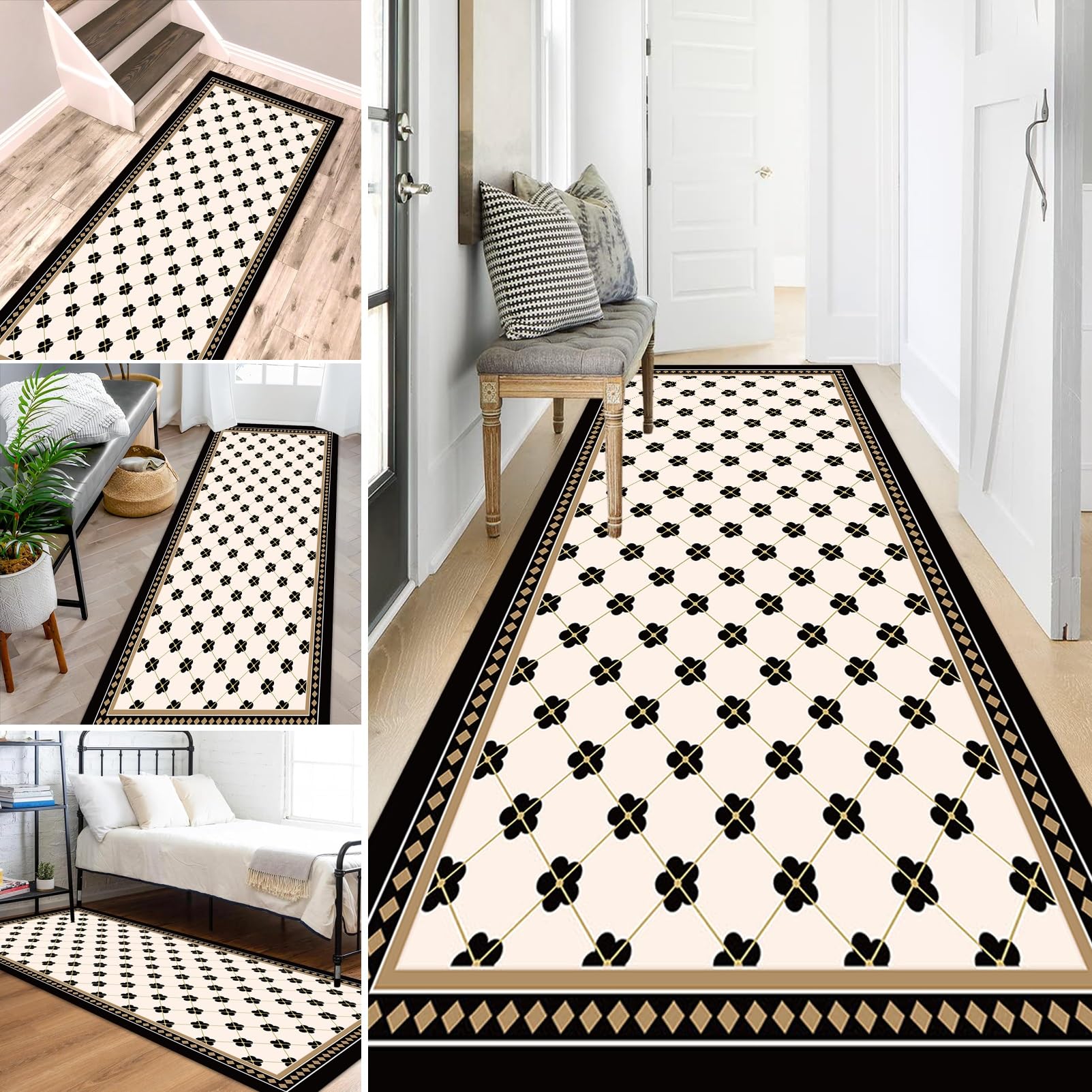 Tappeto moderno con bordo nero, per corridoio, con retro in gomma antiscivolo, per ingresso, soggiorno, camera da letto, corridoio, tappetino lavabile (80 x 300 cm)