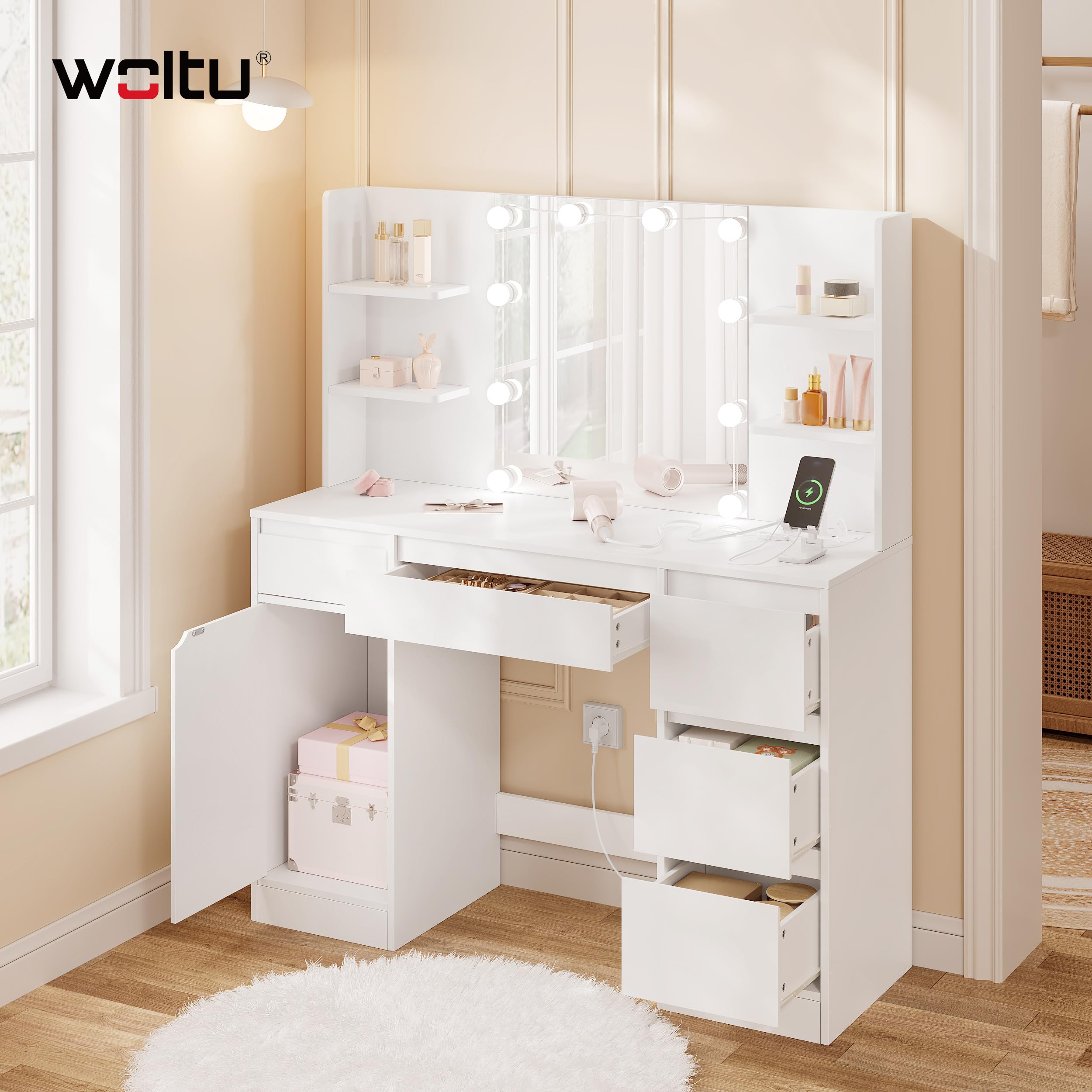 WOLTU Coiffeuse avec Miroir LED, Multiprise, Éclairage Réglable, Grande Coiffeuse avec 5 Tiroirs, Étagères Ouvertes, Armoire, Table de Maquillage en Bois pour Chambre, Blanc, MB6117ws