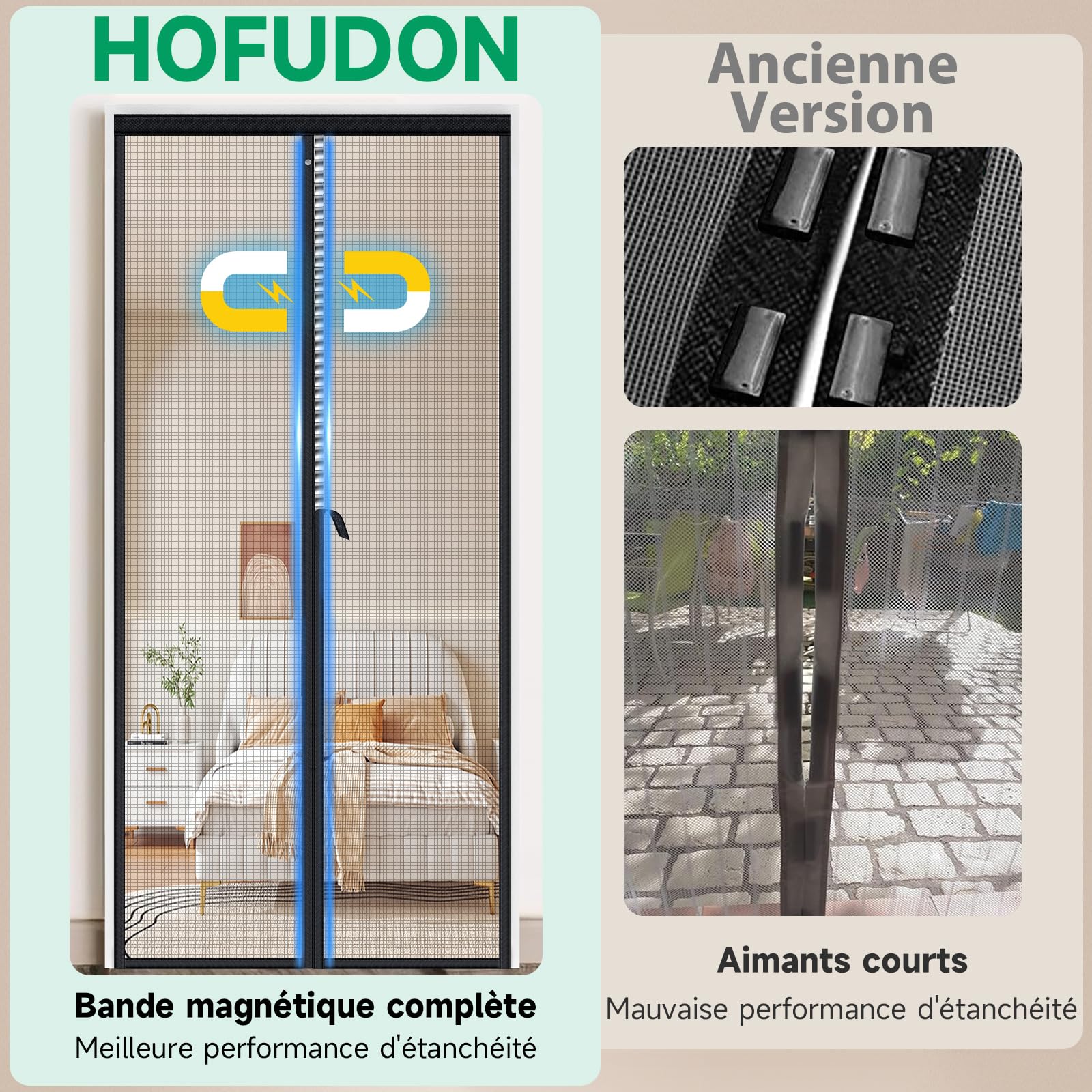 HOFUDON Moustiquaire Porte Magnétique 120x220cm Noir Fermeture Sans Espace | Fibre de verre, Barre magnétique pleine longueur ultra-puissante, Fermeture automatique, Convient pour porte d'entrée balcon