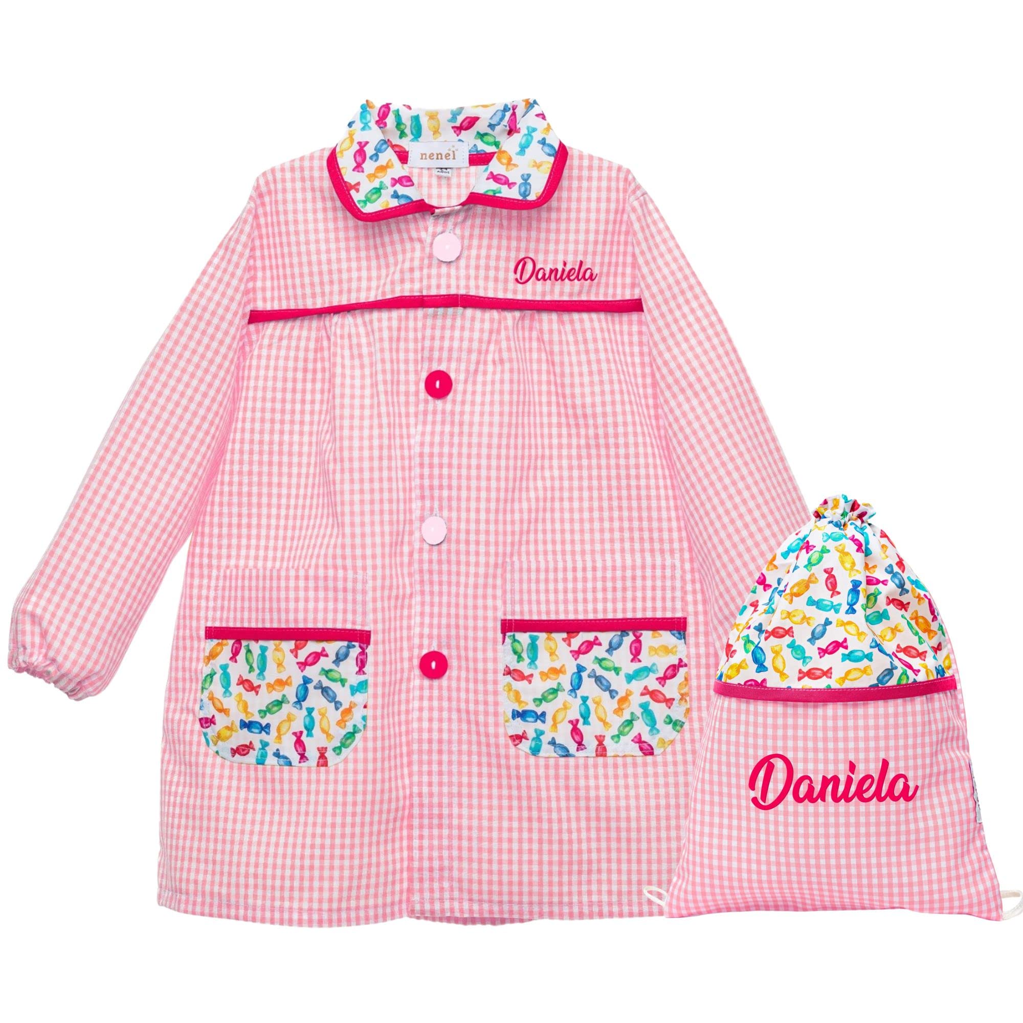 Nenel Conjunto Escolar para Colegio o guardería: Mandilón, babi o Bata Escolar + Bolsa merienda Bordado con el Nombre. Modelo Caramelos