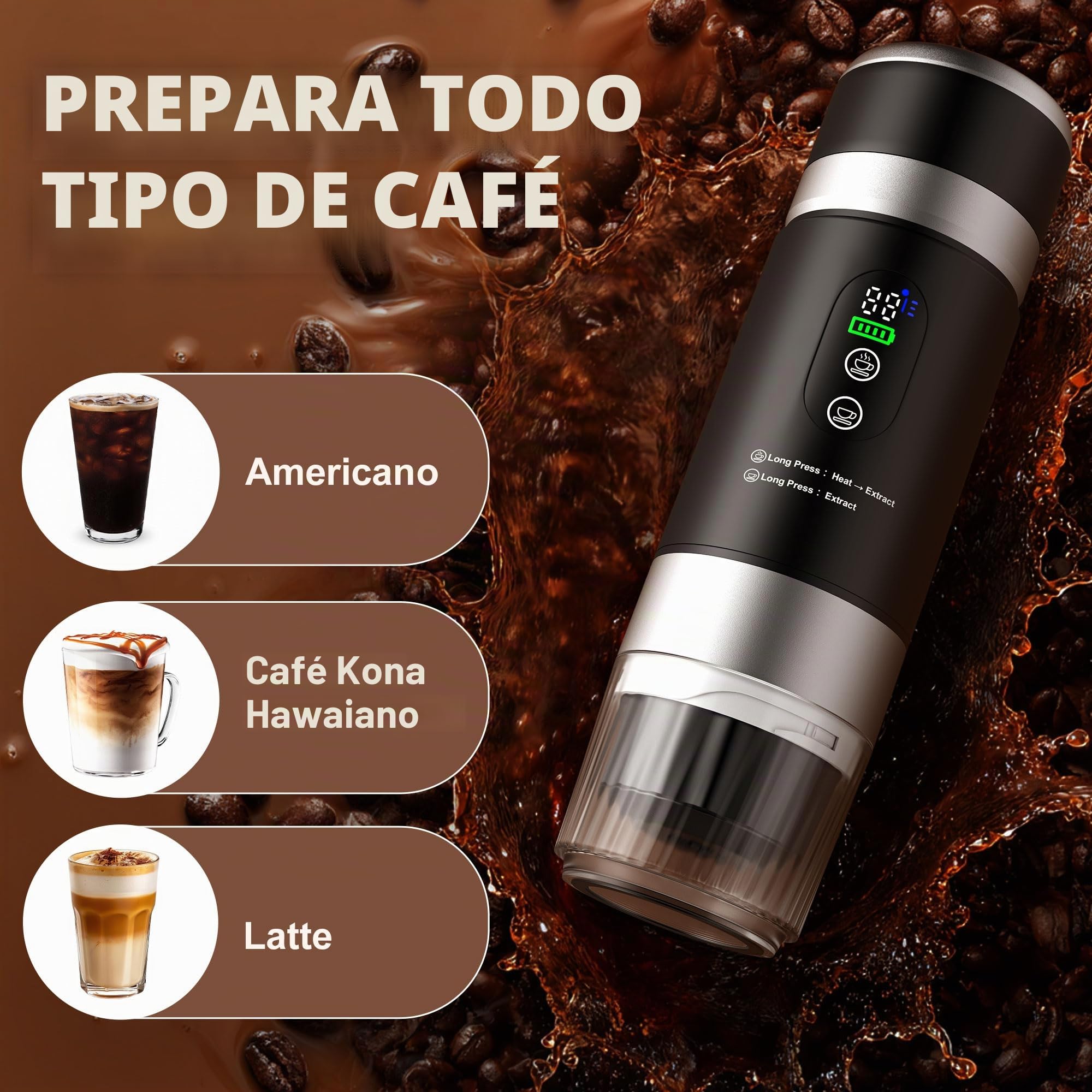 Cafetera Portátil 3 en 1 con Batería Extraíble Recargable 15000mAh, Máquina de Café Portátil 20 Bar Autocalentable con Pantalla LED, Compatible con Cápsulas y Café Molido, Ideal para Viaje, Camping
