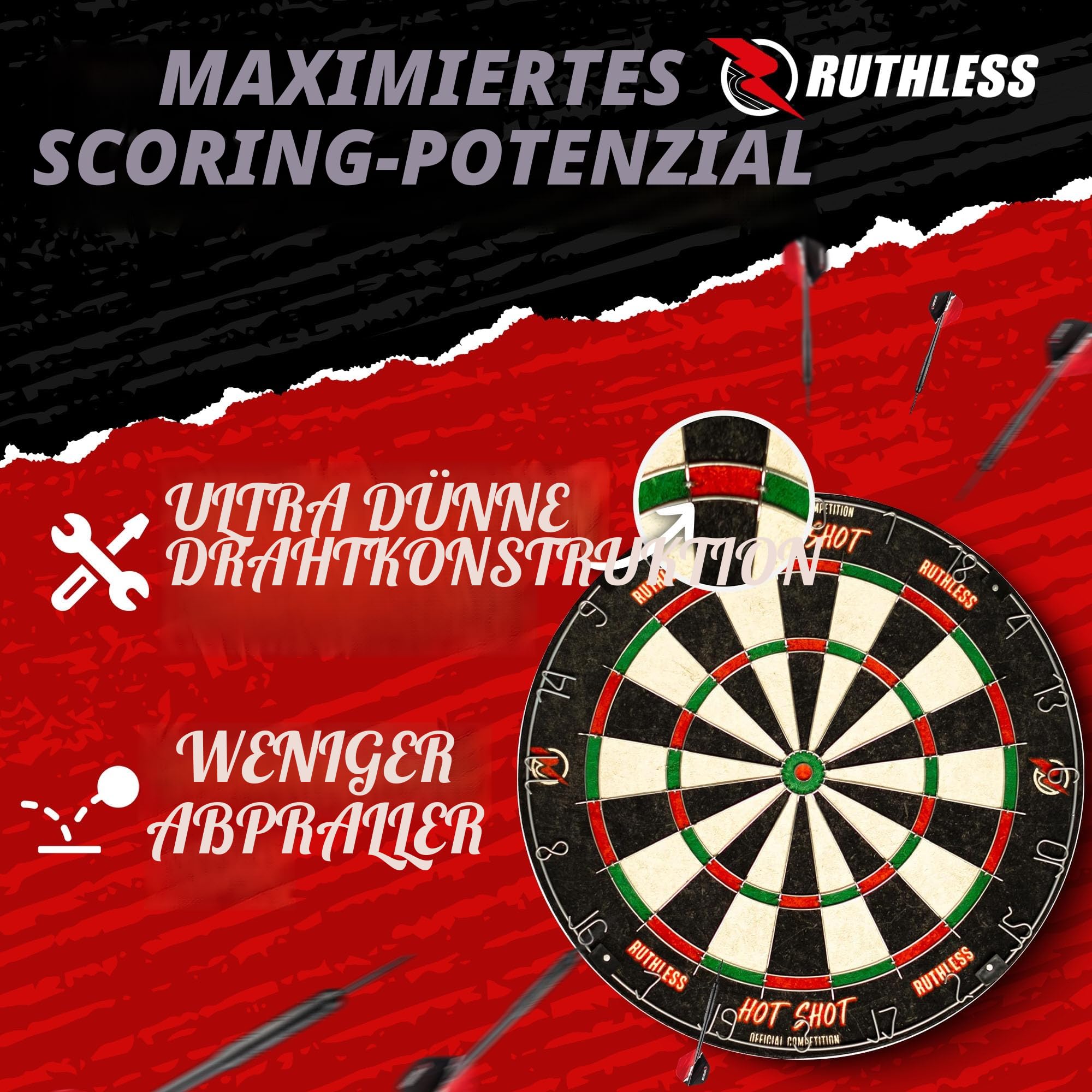 Ruthless Hot Shot Dartscheibe | Endurance Runddraht Sisal Dartscheibe Set inkl. 2 Sets Steeldarts