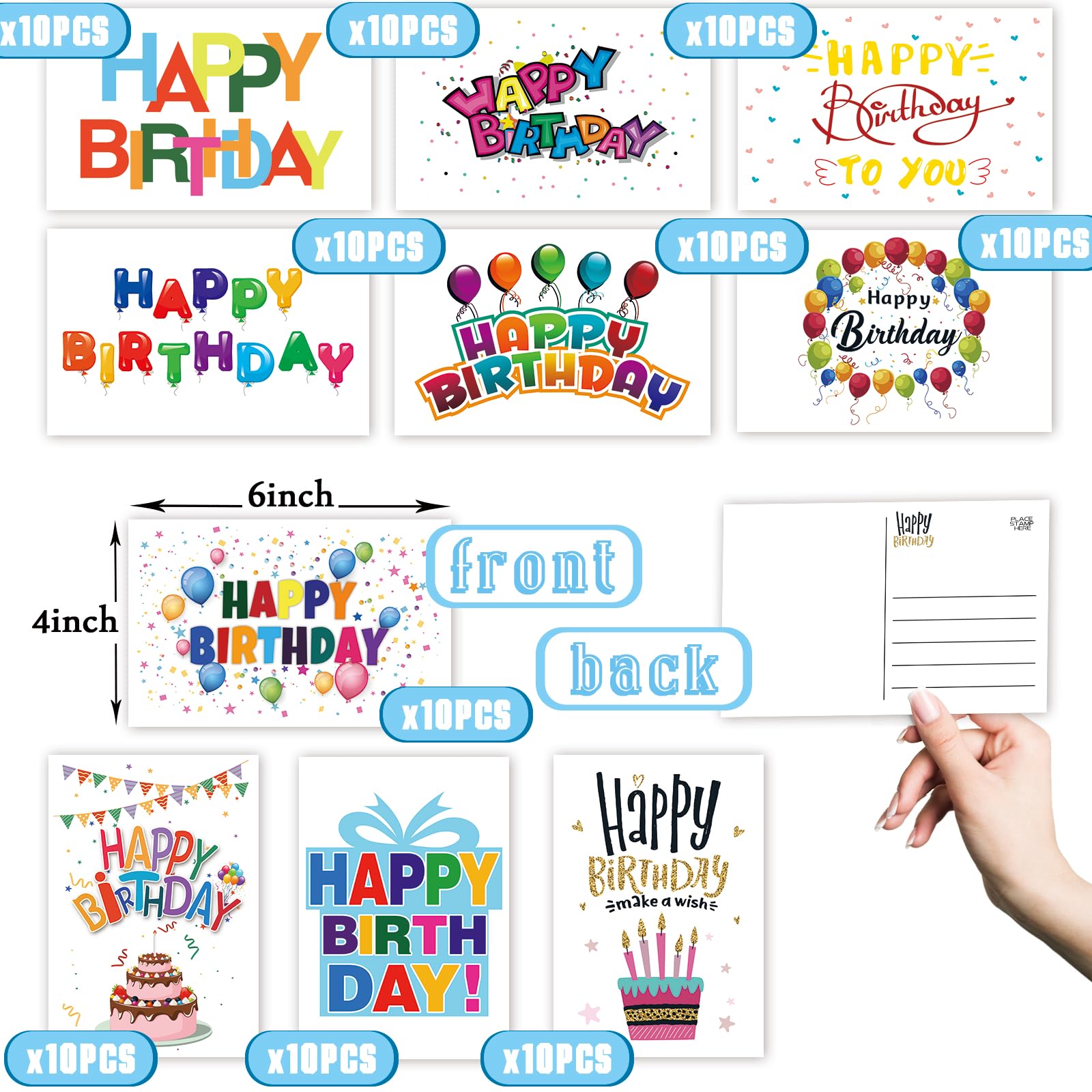 KTFNOMES 100 Pack Happy Birthday Postcards - 4 x 6 Inch Birthday Cards Assortment Bulk Birthday Greeting Cards Blank Birthday Cards, 10 Unique Designs, Ideal for Kids, Men, Women, and Elderly