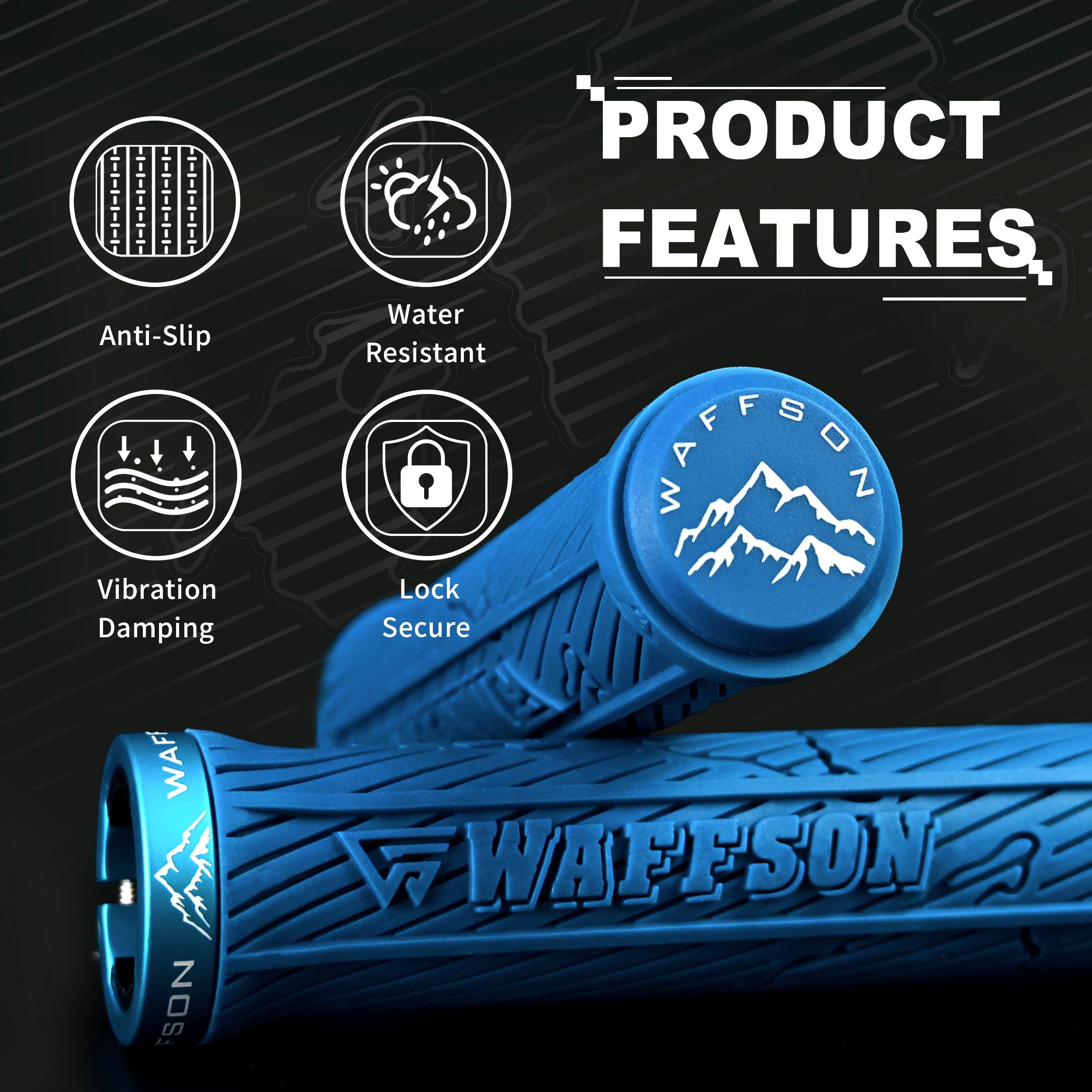 WFS World Map MTB Lock-on Grips - Morsetto singolo ergonomico antiscivolo Mountain Bike Manubrio Manopole - Comfort Vibration Dampening per Trail, Enduro, Downhill - Blu