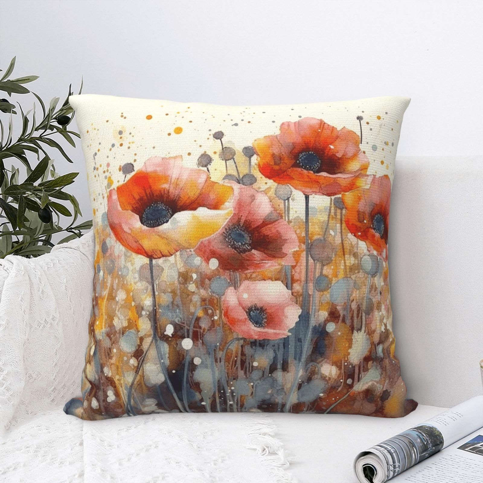 FodPand Luxury Velvet Throw Pillow Covers 24"x24" Super Soft Decorative Pillow Cases - Watercolor Red Flowers Pillowcases Modern Lumbar Cushion Cases for Couch Sofa Bed Pillow Shams