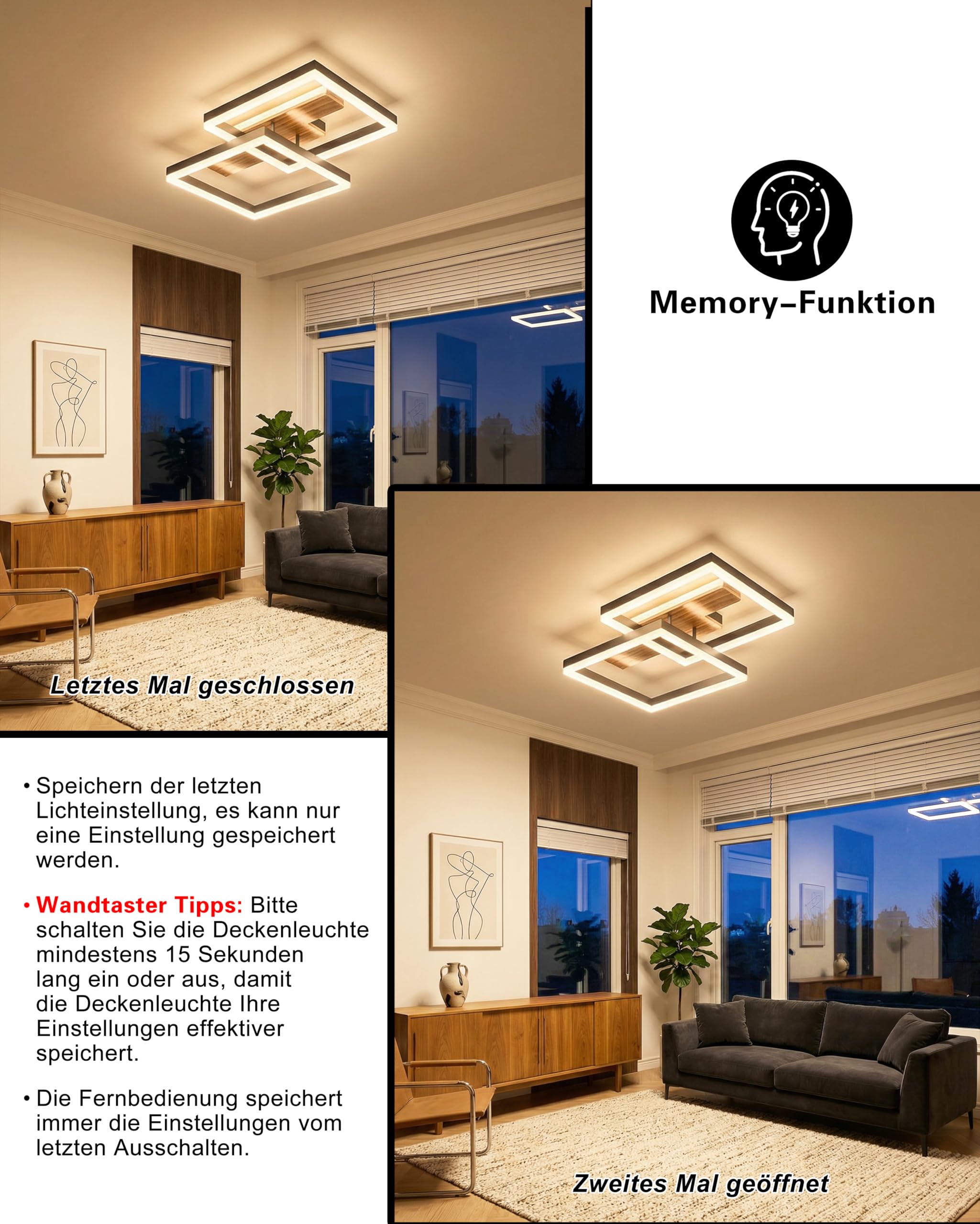 LED Deckenleuchte Holz dimmbar, Massivholz schwarz Vintage Deckenlampe, 48W 50cm 4000lm 3000-6000K mit Fernbedienung, Schlafzimmerlampe Wohnzimmerlampe, Memory-Funktion, 5W Nachtlicht