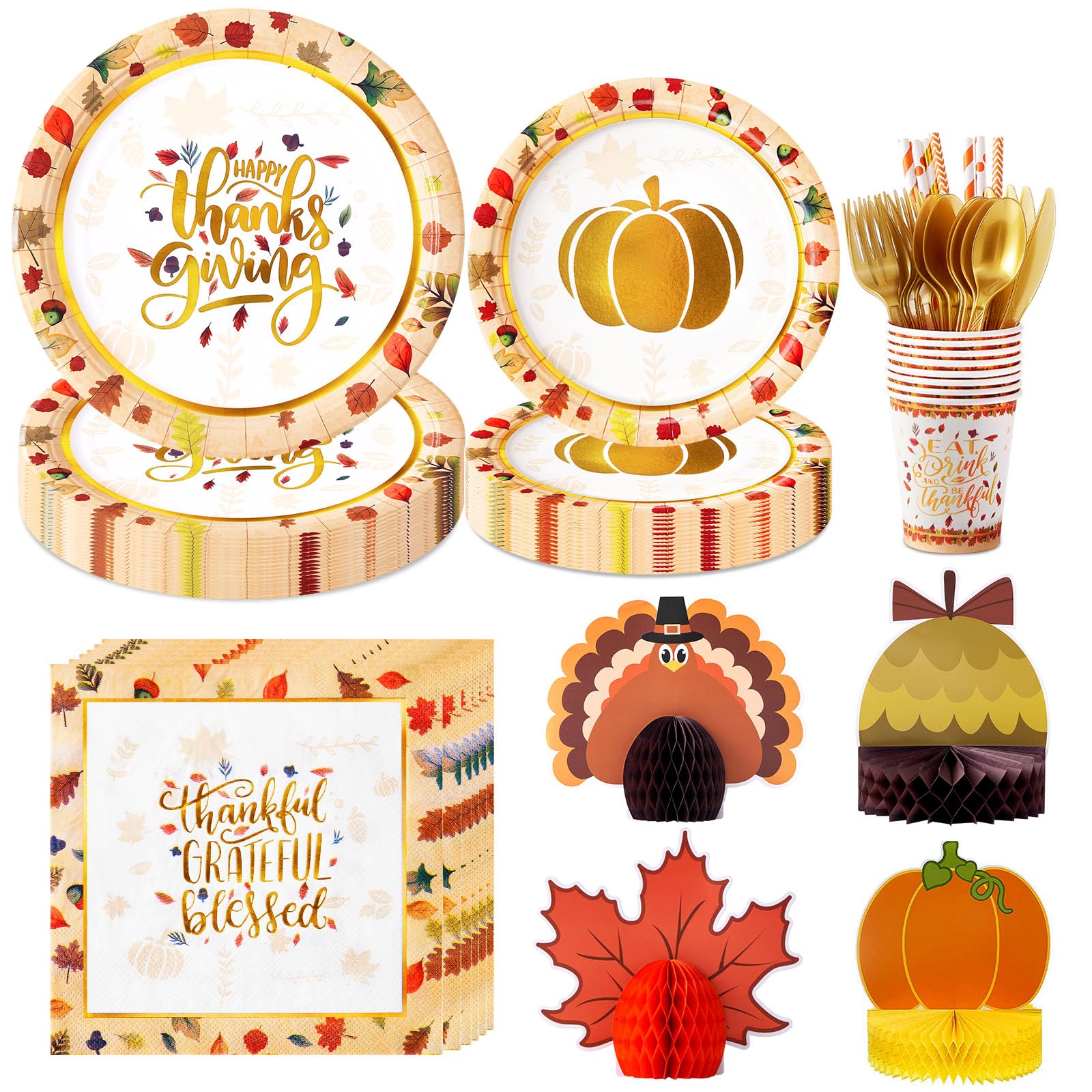 HOMDAILY 196 PCS Thanksgiving Plates and Napkins Dinnerware Sets, Thanksgiving Paper Disposable Plates for 24 Guests-Thanksgiving Plates, Napkins, Cups, Tableware, 4 Honeycomb Centerpieces Table Decor