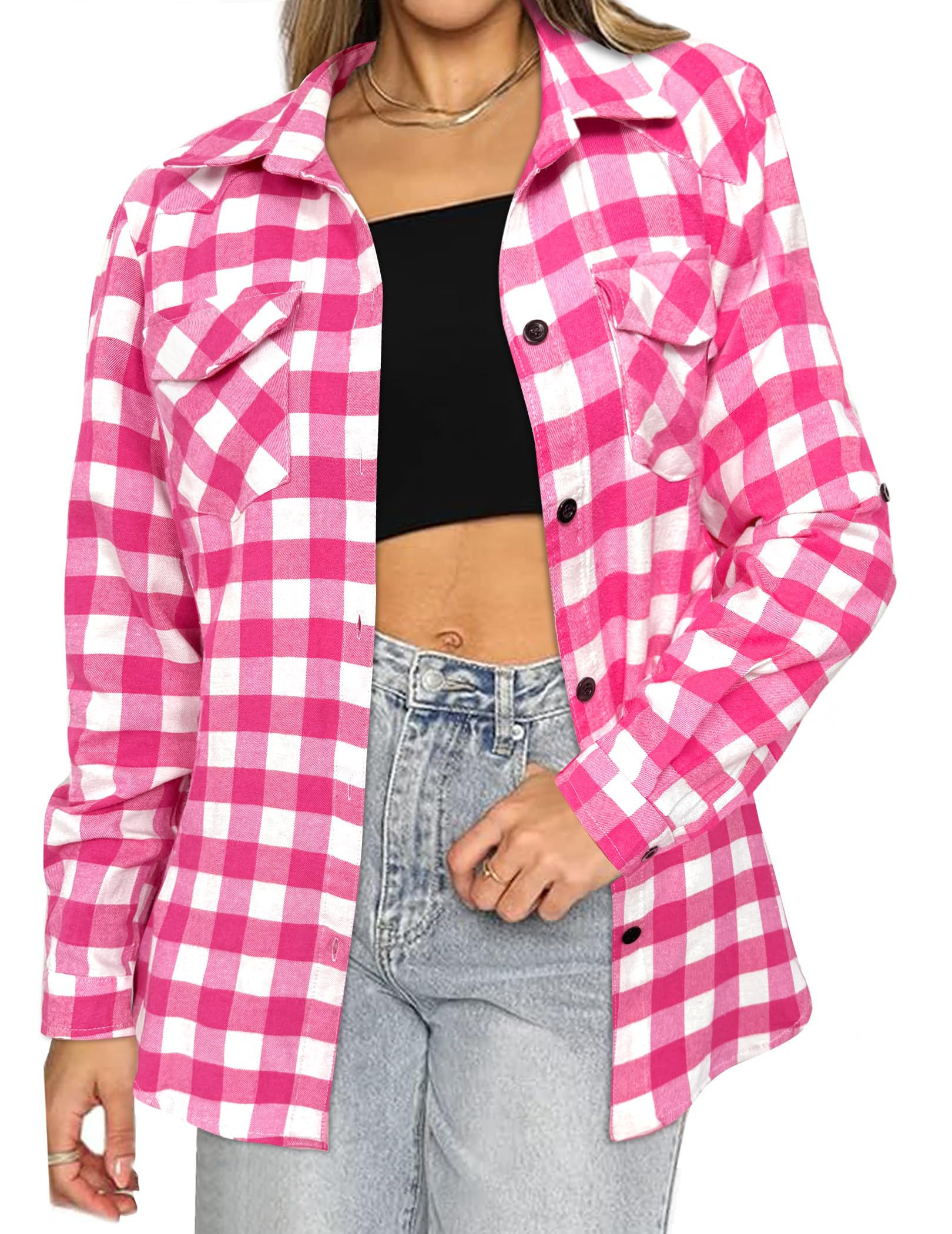 Flannel Shirts for Women Plaid Checked Roll Up Long Sleeve with Pockets Mid Shirts