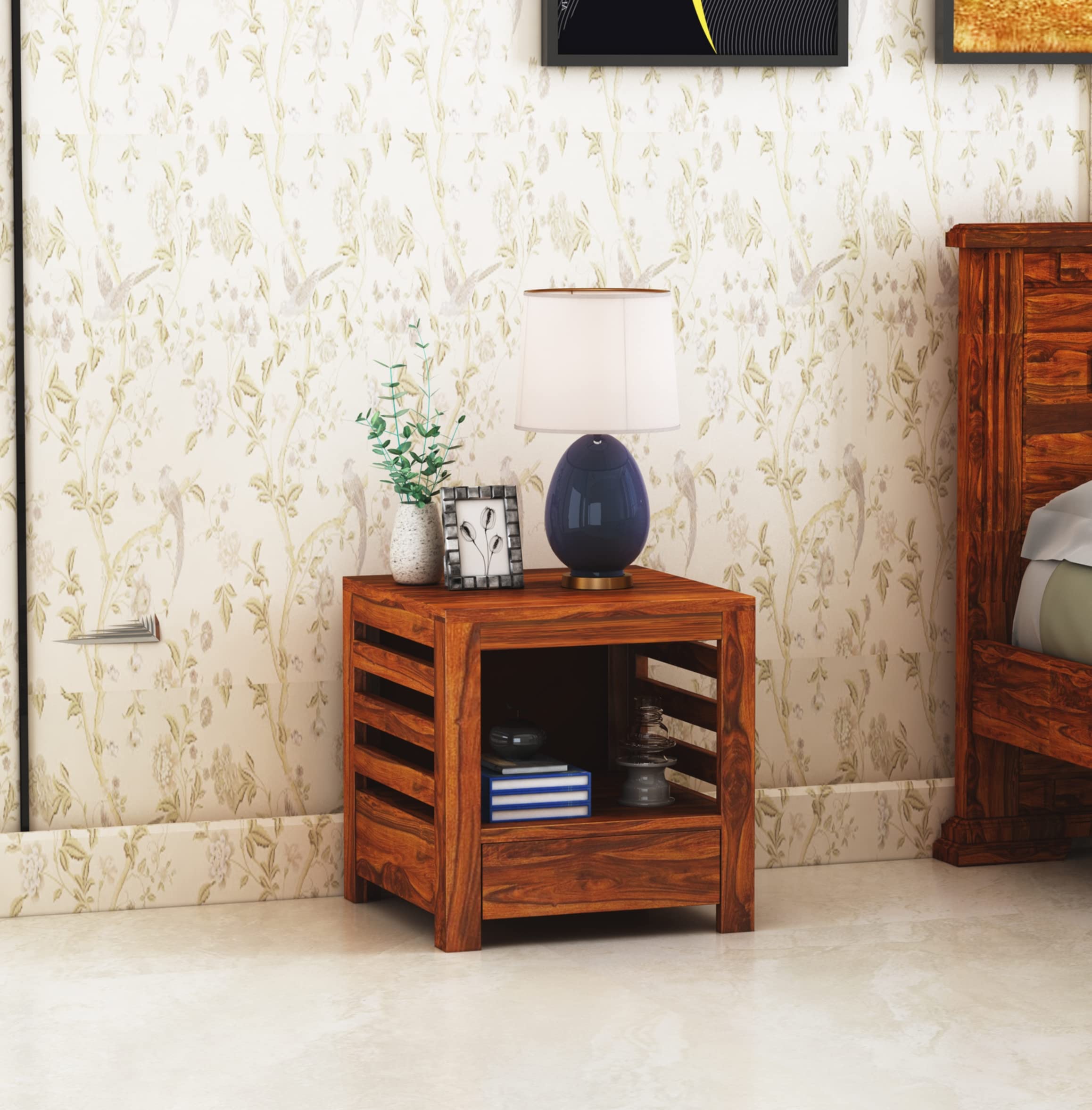 Ganpati Arts Solid Sheesham Wood Cairo Bedside Table with Open Cabinet Drawer Storage for Bedroom Home Wooden Sofa Side End Tables Night Stand Bed Room Furniture 1 Year Warranty (Natural Finish)