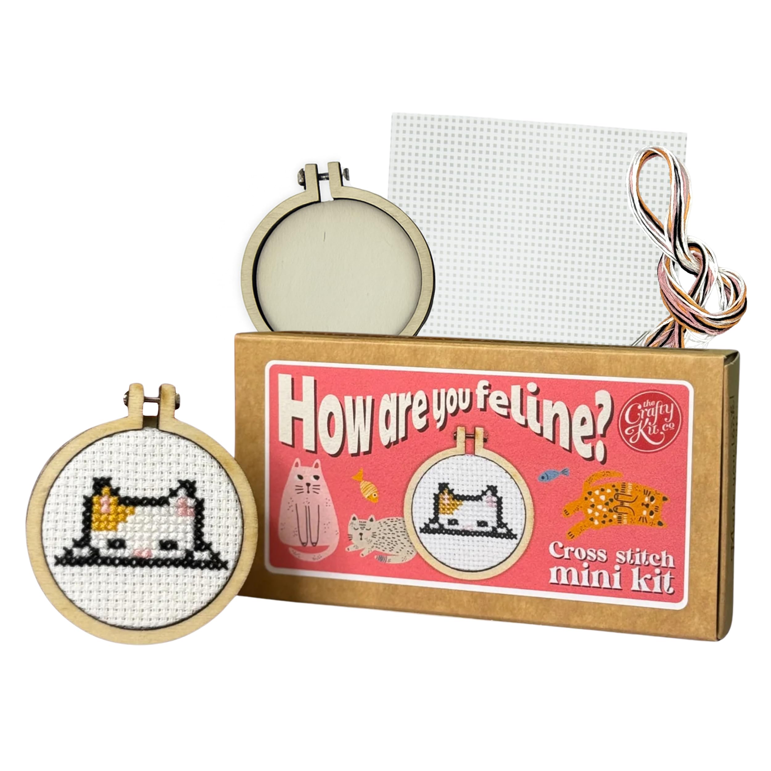 The Crafty Kit Company Embroidery Starter Kit & Cross Stitch Kit - How are You Feline! Mini Matchbox Keyring | Eco-Friendly DIY Craft Kit for Adults & Kids - Handmade Gift Made in Scotland