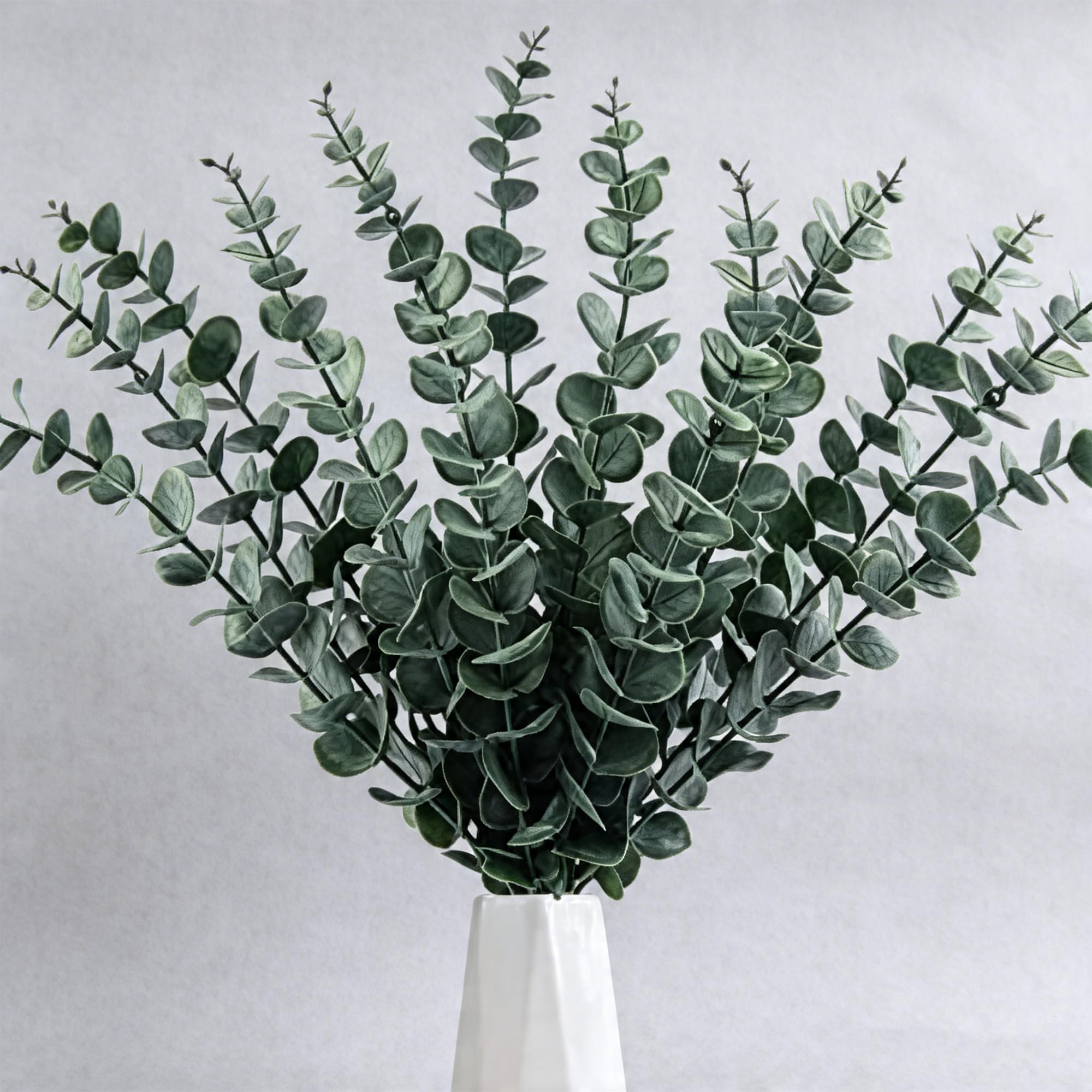 MINWEGI 20 Pack Artificial Eucalyptus Stems, Realistic Faux Greenery Branches with Bendable Stems for Home Decor, Wedding Centerpieces, Floral Arrangement - Dusty Green with White Frosted Leaves