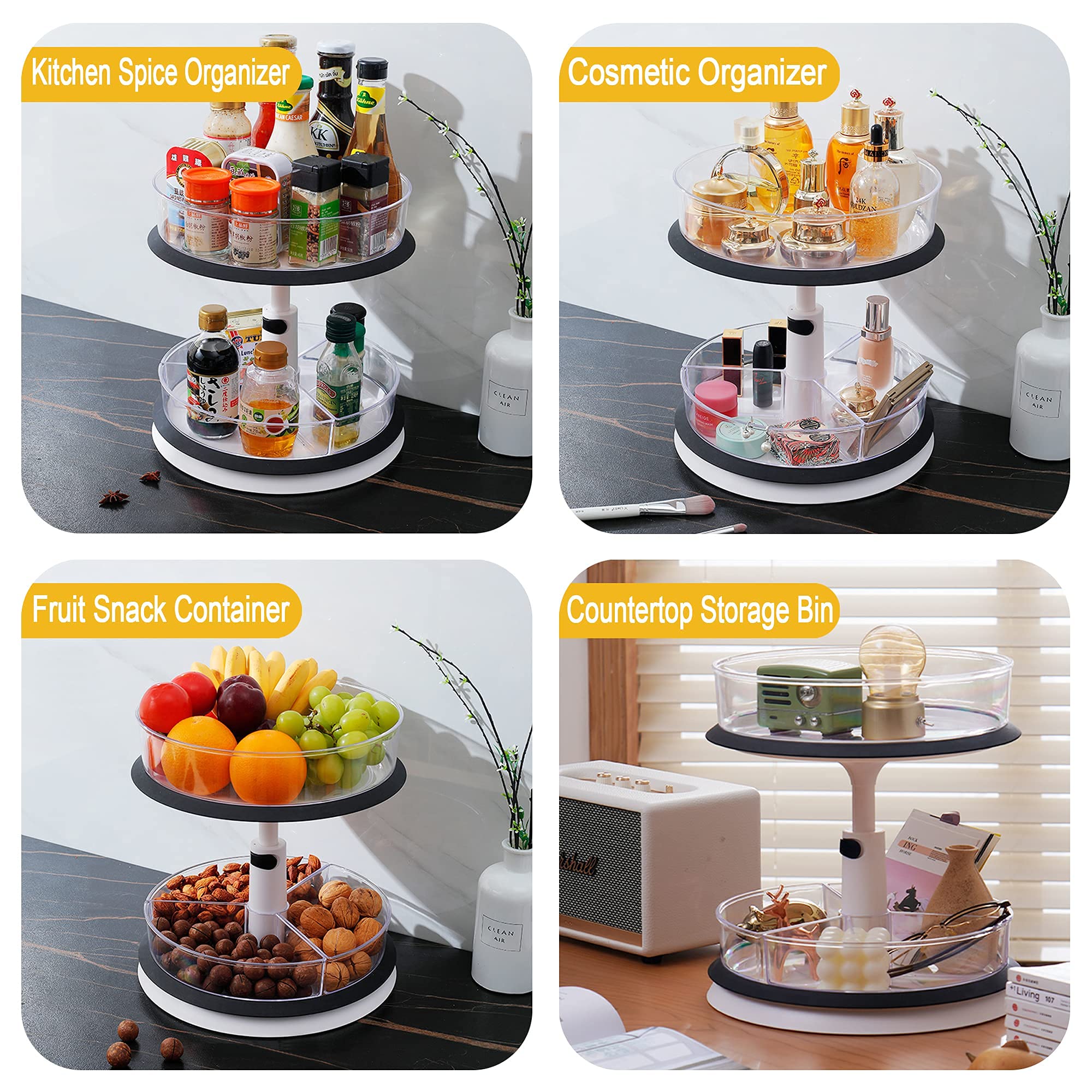 2 Tier Lazy Susan Turntable Organizer, 11 Inches Height Adjustable Spice Rack for Kitchen Cabinet, Countertop, Bathroom, Makeup, Pantry Organization and Storage with 4 Removable Bins