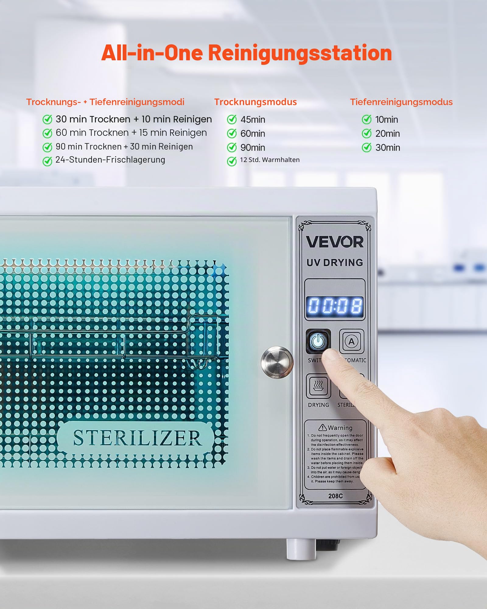 VEVOR UV Sterilisator Nagelwerkzeug-Reinigungsmaschine (12 L / 160 W) multifunktionale Nagelreiniger Sterilisator mit Timer-Einstellung, Reinigungskabinett mit Tür aus gehärtetem Glas, für Labore