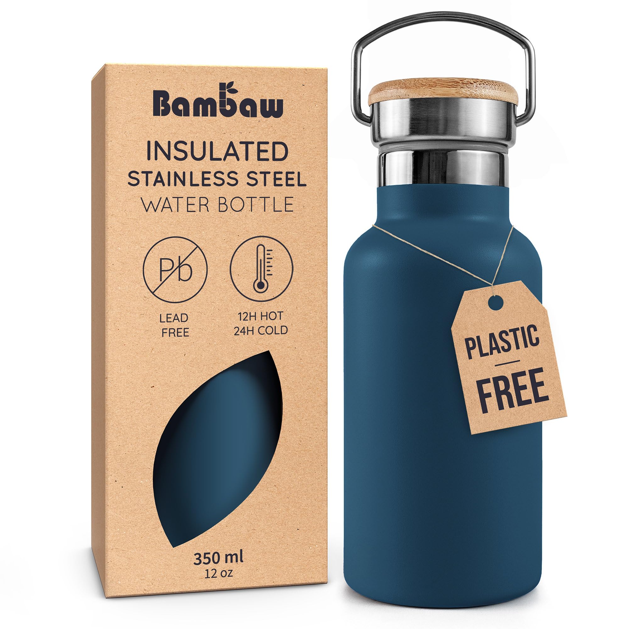 Bambaw 12 oz Insulated Water Bottle, Small Stainless Steel Water Bottle for Hot & Cold Drinks, Great for Travel, Wide Mouth for Easy Cleaning, Fits in Cup Holder (Aegean Blue)