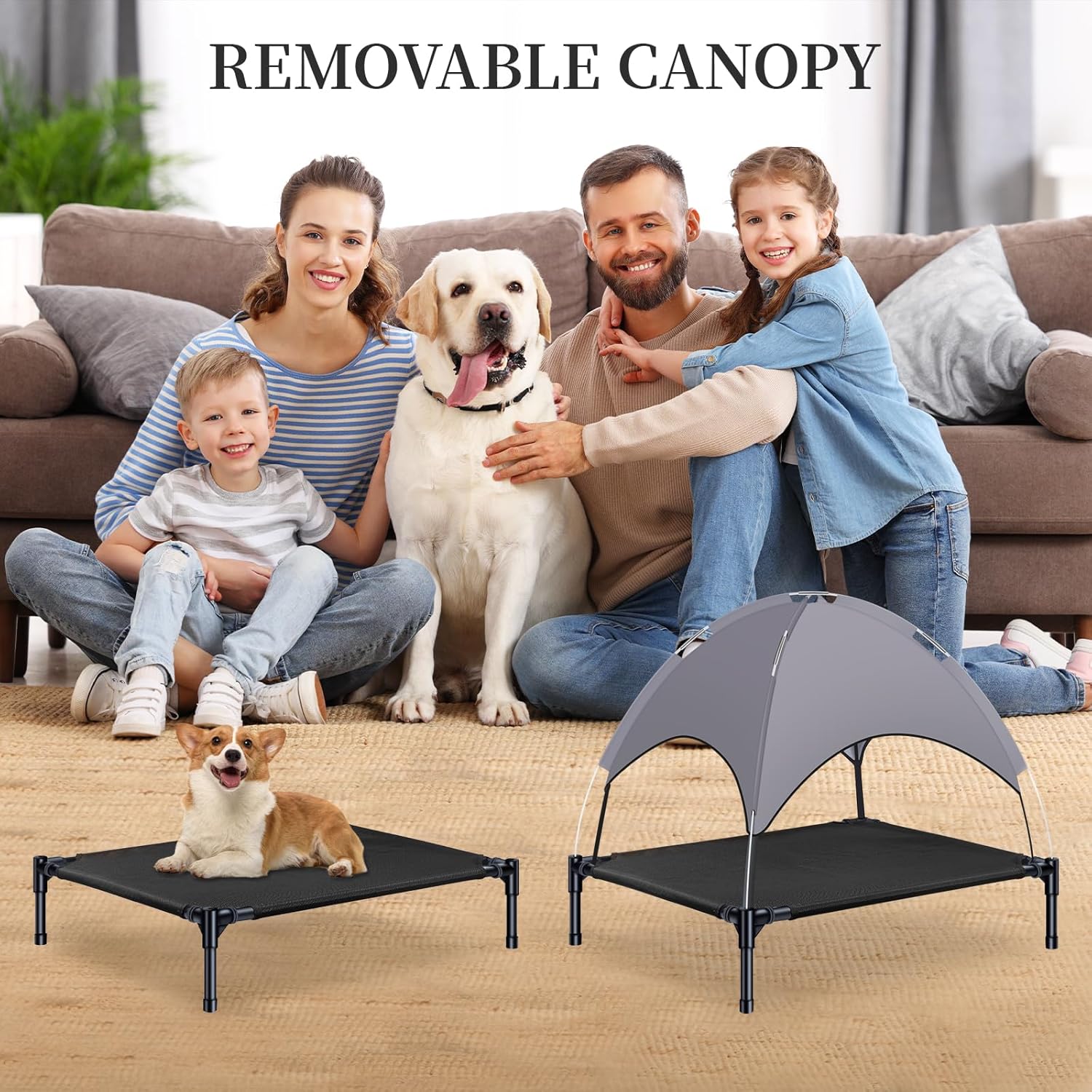 review Elevated Dog Bed with Canopy, Outdoor Dog Cot with Removable Canopy, Raised Cooling Pet Bed with Shade Tent, Washable Pet Cot with Oxford Fabric for Indoors, Outdoors, Beach & Camping-L