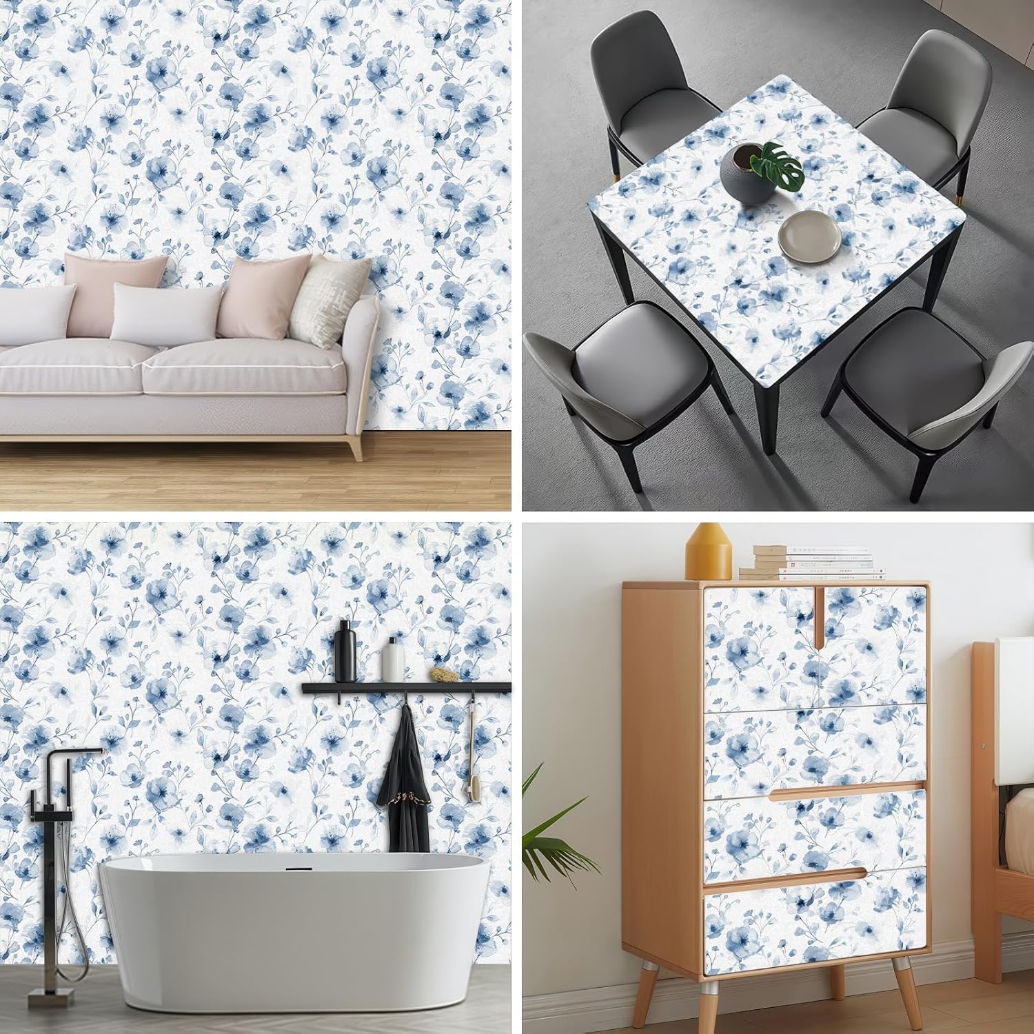 HOMETITUTE Blue Watercolor Floral Wallpaper Peel and Stick Flower Contact Paper Marble Wall Paper Stick 118.1" x 17.7" Removable Self Adhesive Vinyl Wall Covering for Bedroom Study Living Room Decor