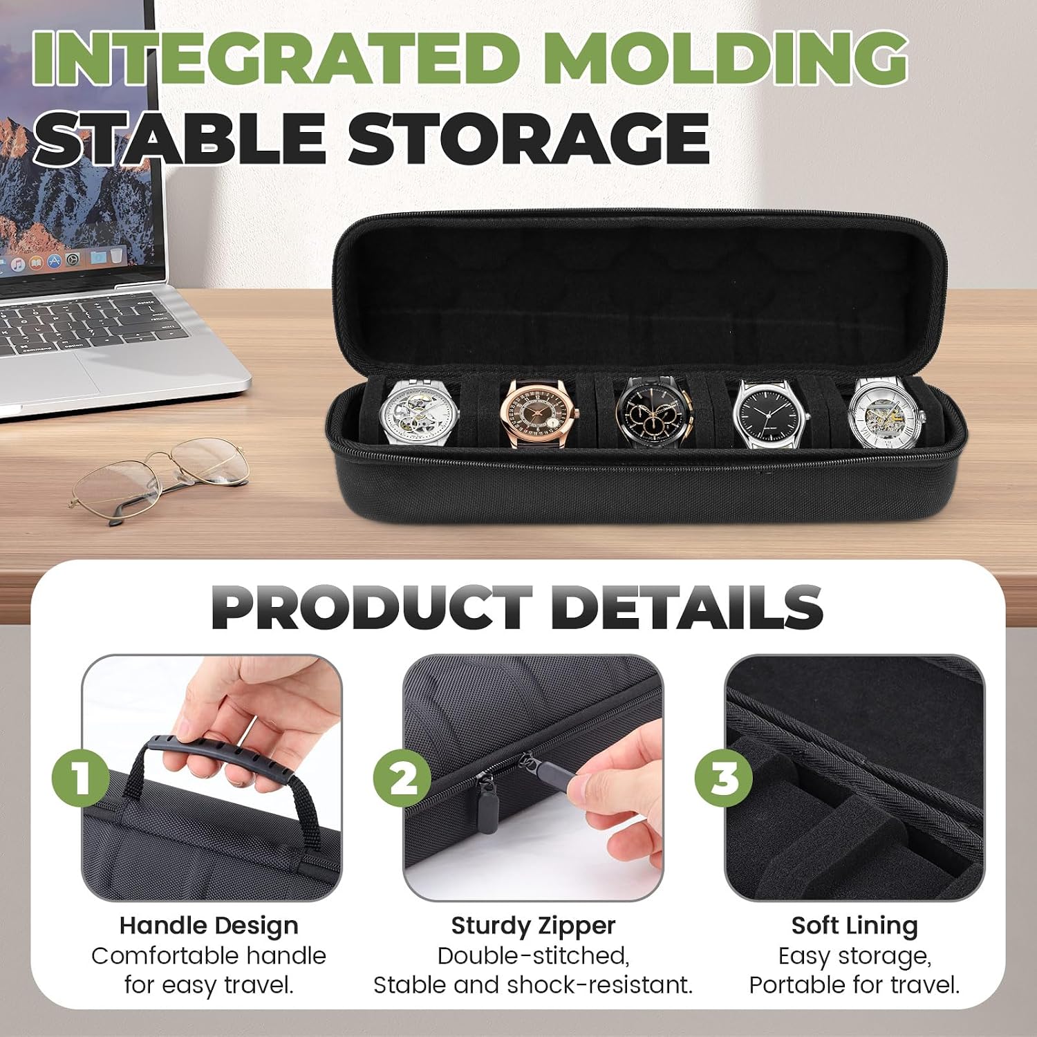 5 Slots Hard Watch Travel Case, Portable Double Zipper Watch Roll Storage Organizer Box with Soft Foam Pillow & Handle for Men Women, Black image 3