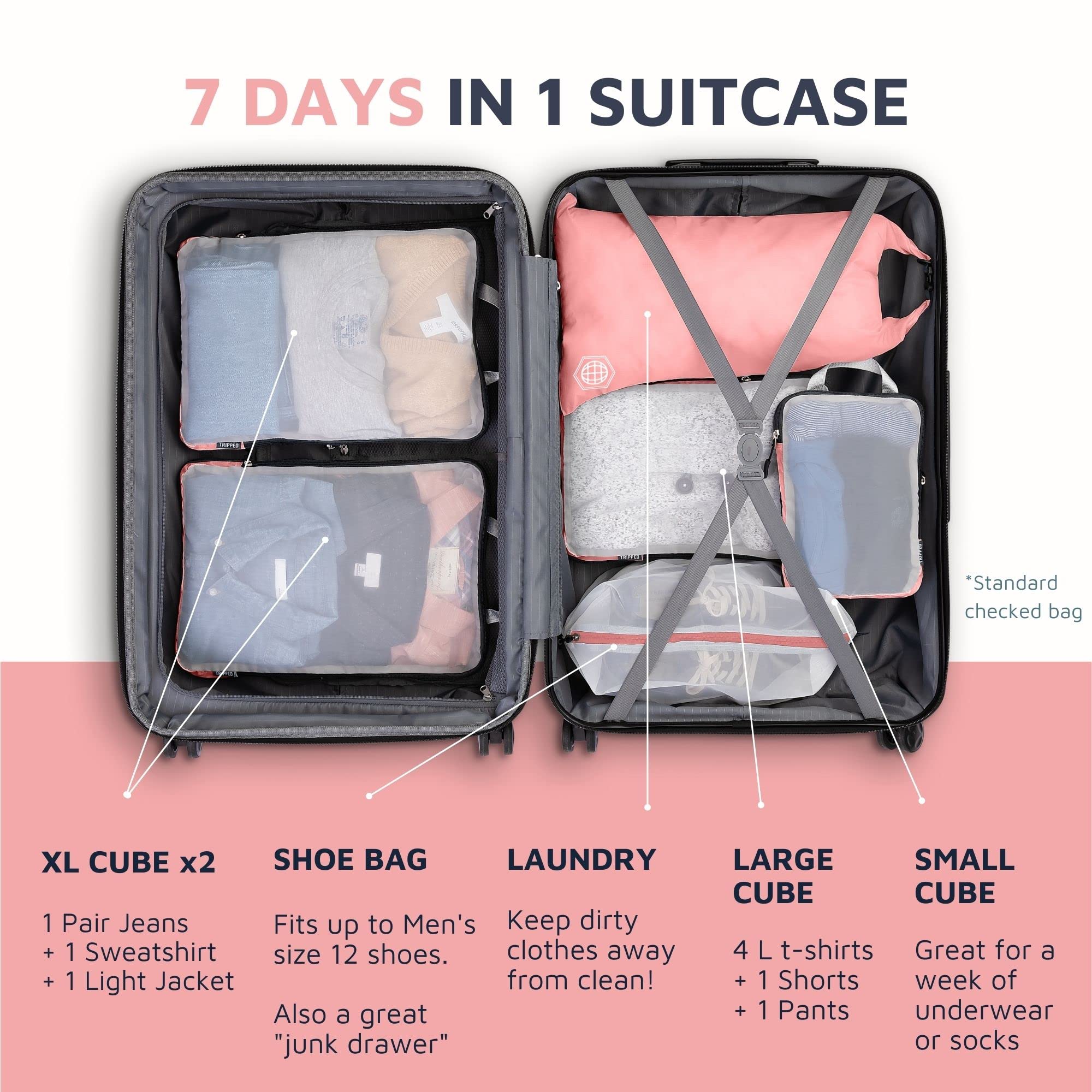 TRIPPED Travel Gear Großes Packwürfel-Set mit durchsichtigem Netz, Kompressions-Verpackungswürfel, Reise-Organizer (Dusty Rose)
