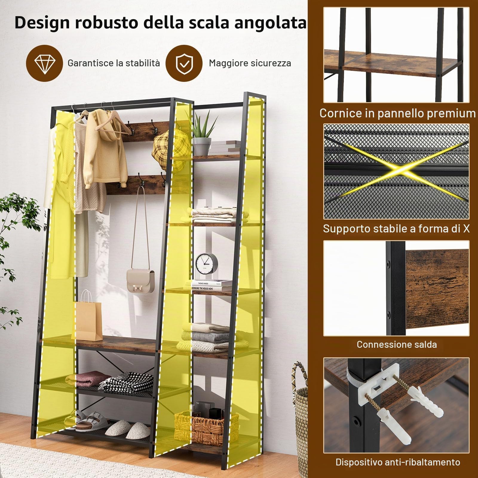 HOMASIS Guardaroba Camera da Letto in Legno, Appendiabiti da Terra con 5 Scaffali, 2 File di Ganci, Panca da Scarpe, 2 Mensole a Rete, Stand Appendiabiti Industriale, 118 x 40 x 180 cm, Marrone