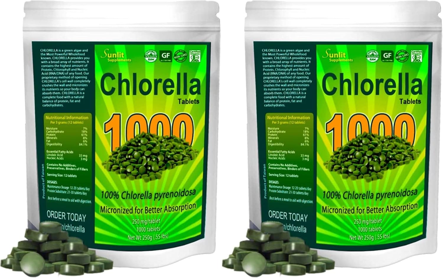 Chlorella Tablets MegaPack 1000 Tablets Cracked Cell, Raw