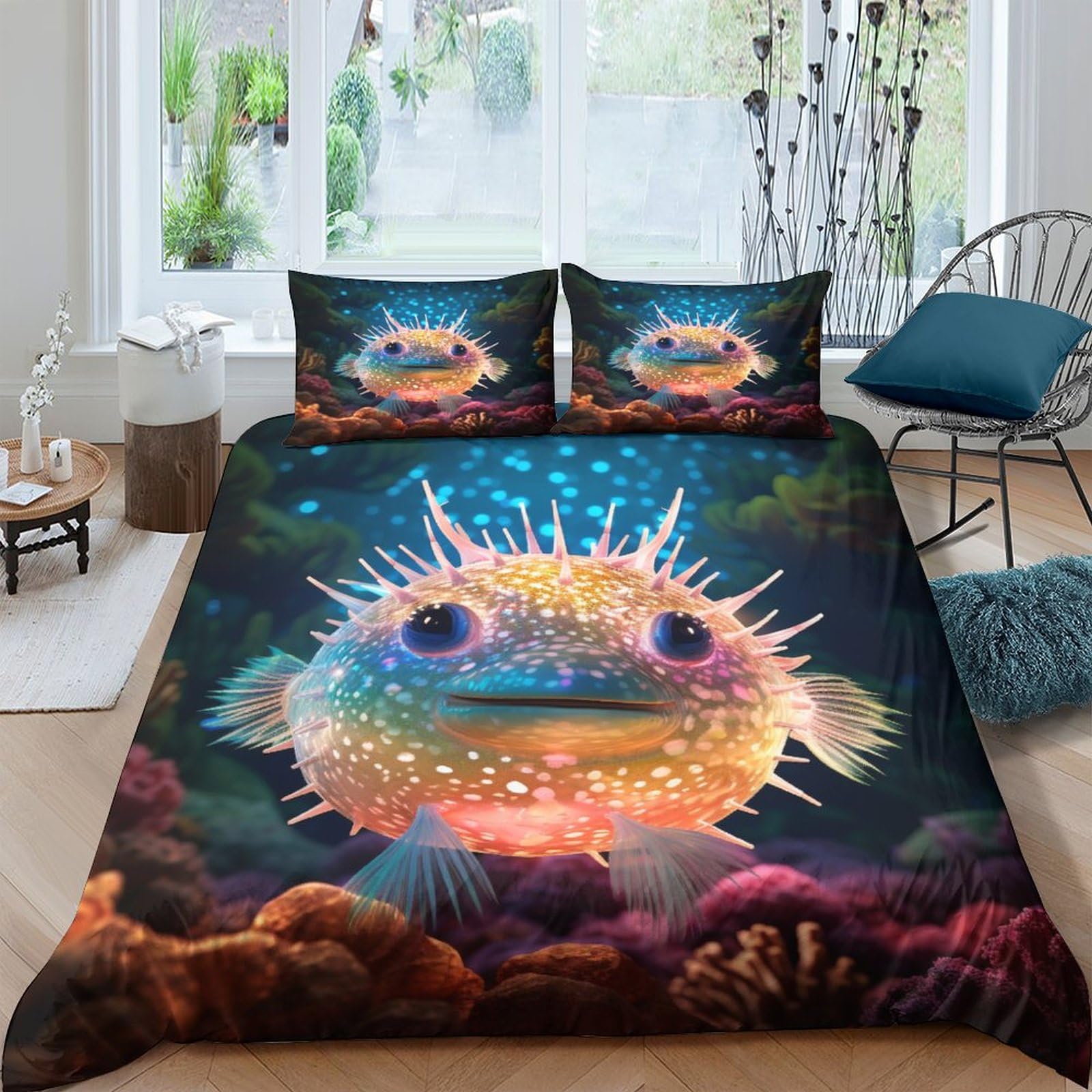 Housse de couette poisson-souffle 3D pour lit double enfant chambre thème marin