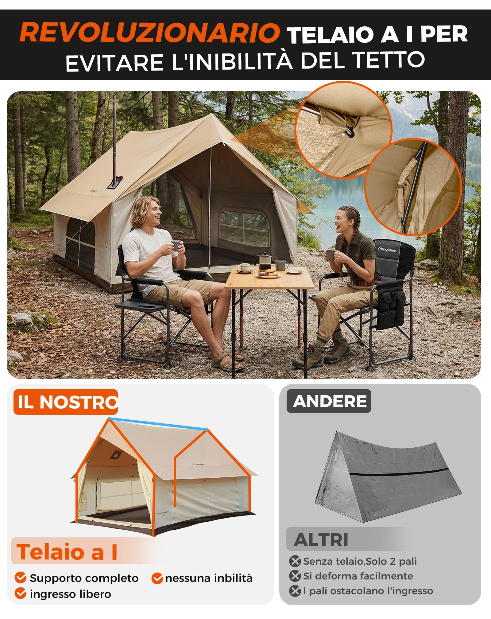 KingCamp 4-5 Persone Tenda,8㎡ Tenda Casa con Apertura Camino & Porta AC,Tenda Impermeabile 210g TC, 2 Porte 4 Finestre, con Copertura Ignifuga, Tenda 4 stagioni,per Campeggio Famiglia