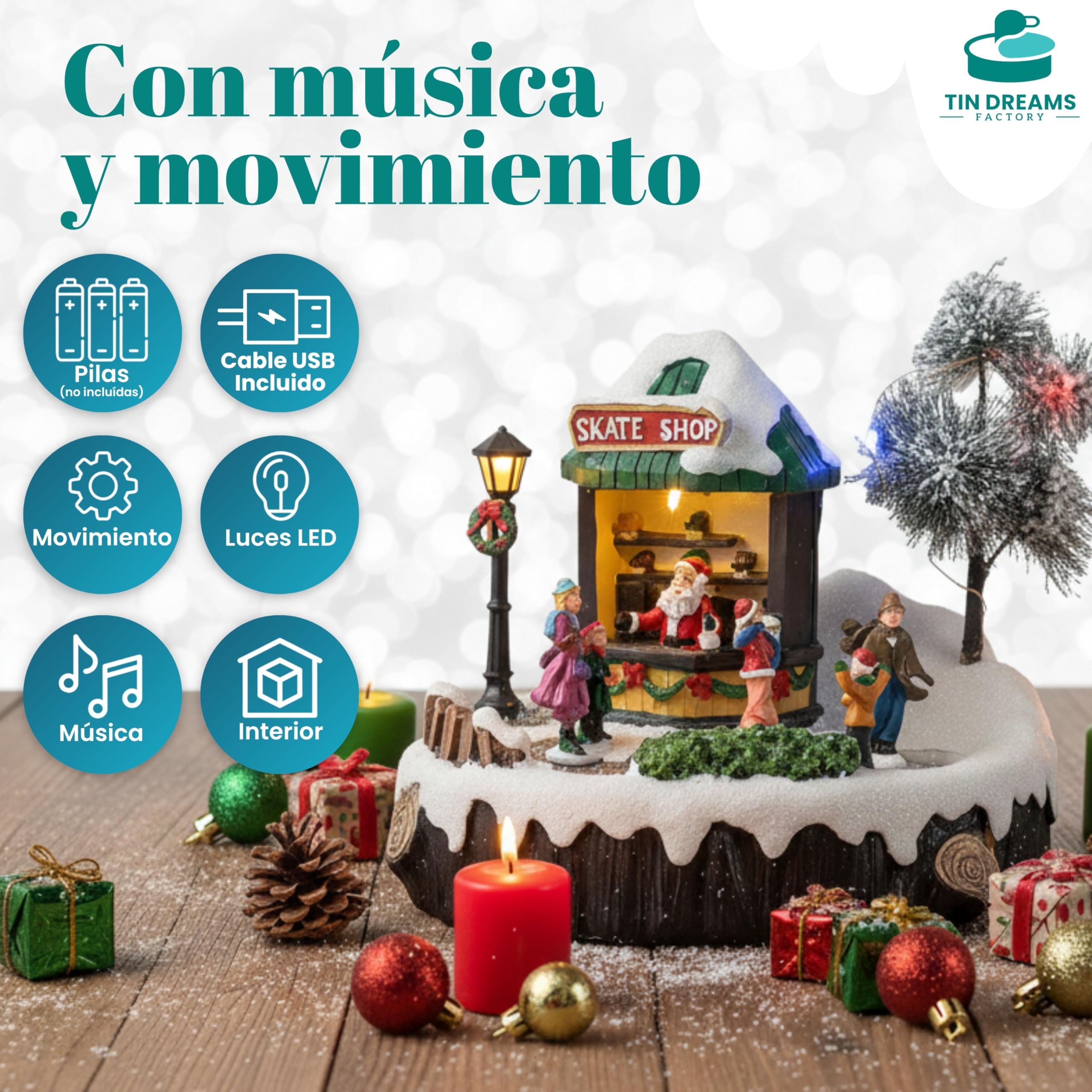 Tin Dreams | Pista de Hielo Navidad con Música, Movimiento y Luces | Escena Navideña Animada con Patinadores | Casita Iluminada para Pueblo, Villa, Aldea Navideña | Decoración Festiva Hogar