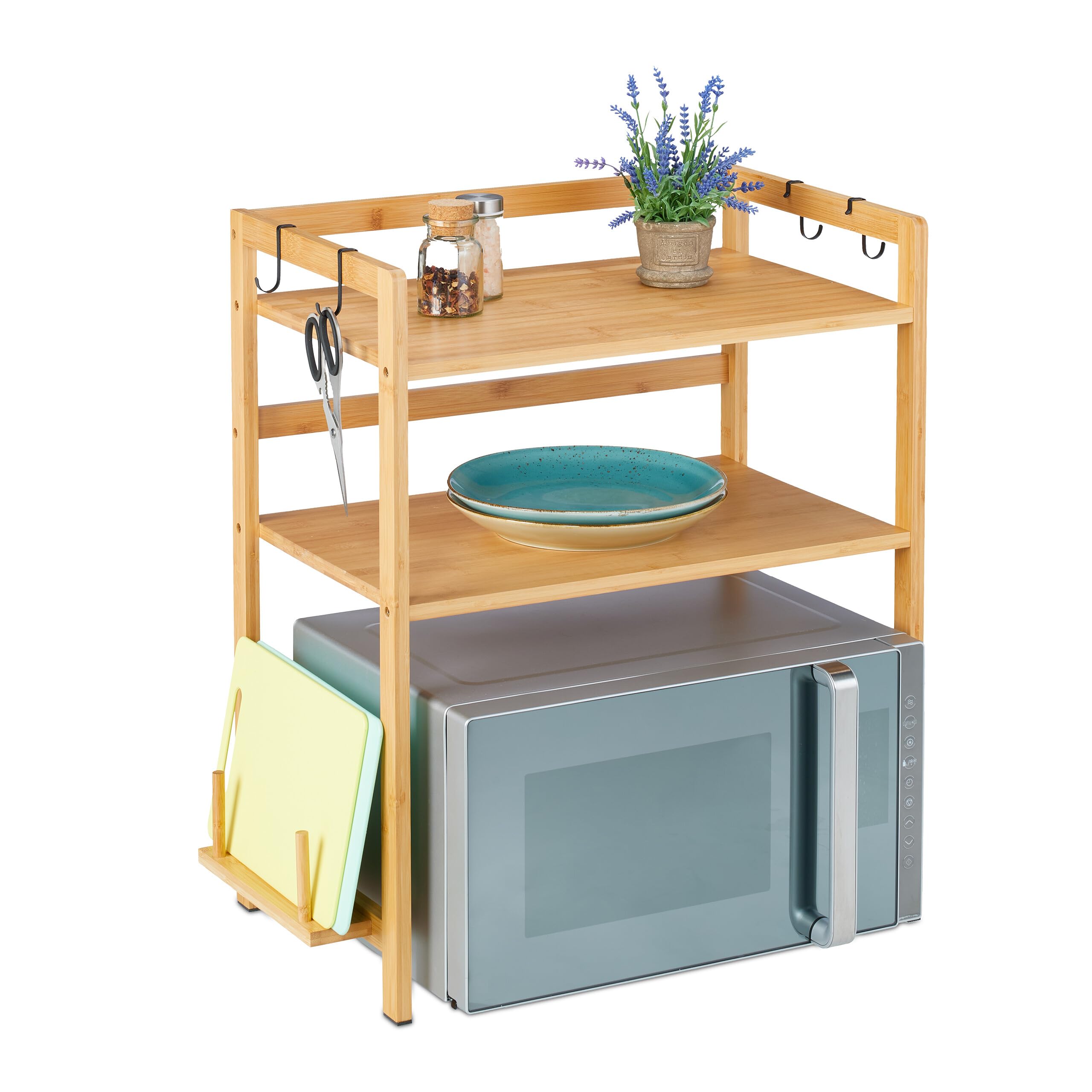 OHMG Mensola A Microonde In Bambù, Ripiano Cucina 3 Livelli Con 4 Ganci, Supporto Portatile Per Forno, Organizzatore Multifunzionale Per Utensili E Spezie, Resistente E Anti-graffio (52x37x65 Cm)