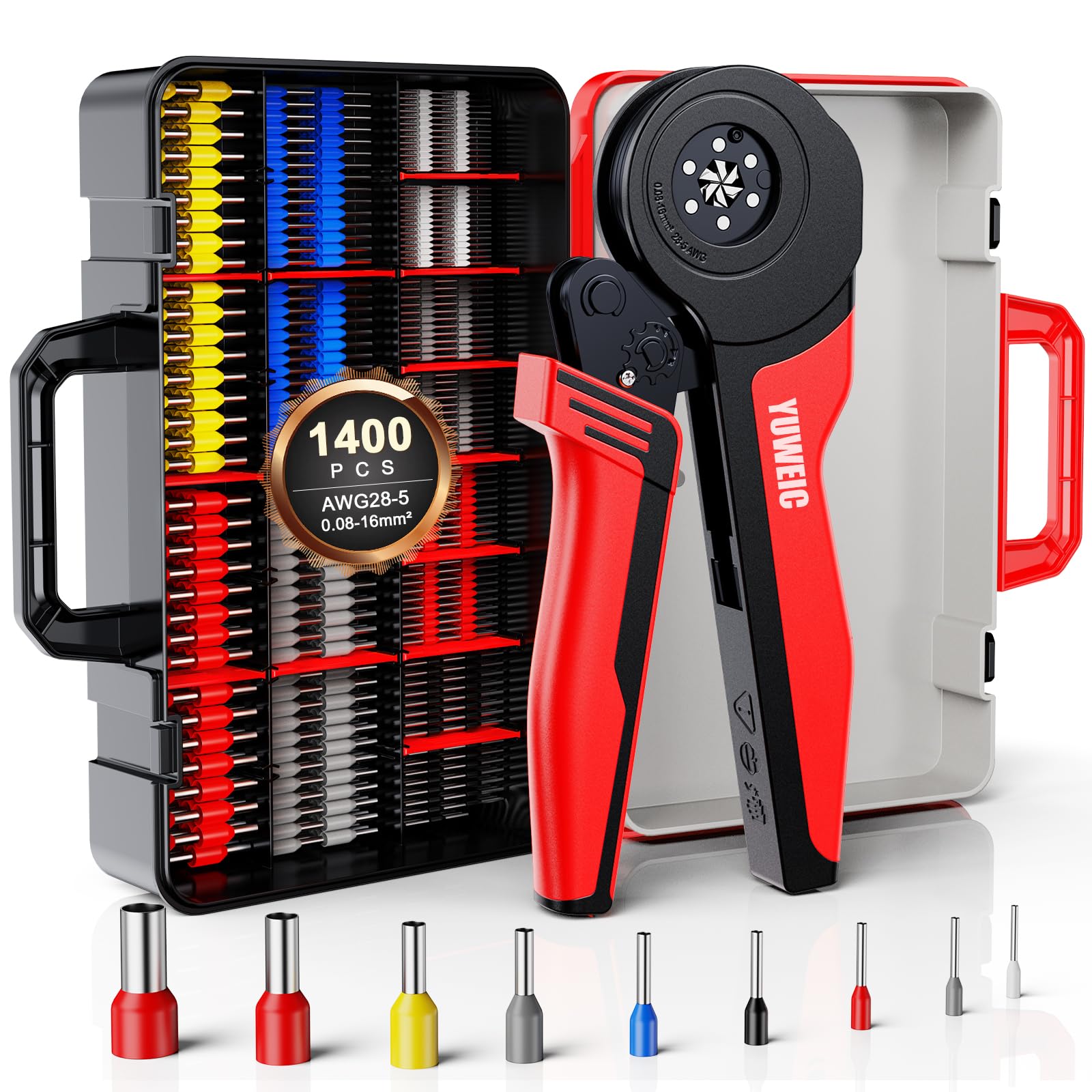 Kit di crimpatura con ghiera 0,08-16 mm² AWG 28-5, crimpatrice a cricchetto con 1400 puntali, set di crimpatura esagonale autoregolante, kit di crimpatura per terminali elettrici con custodia